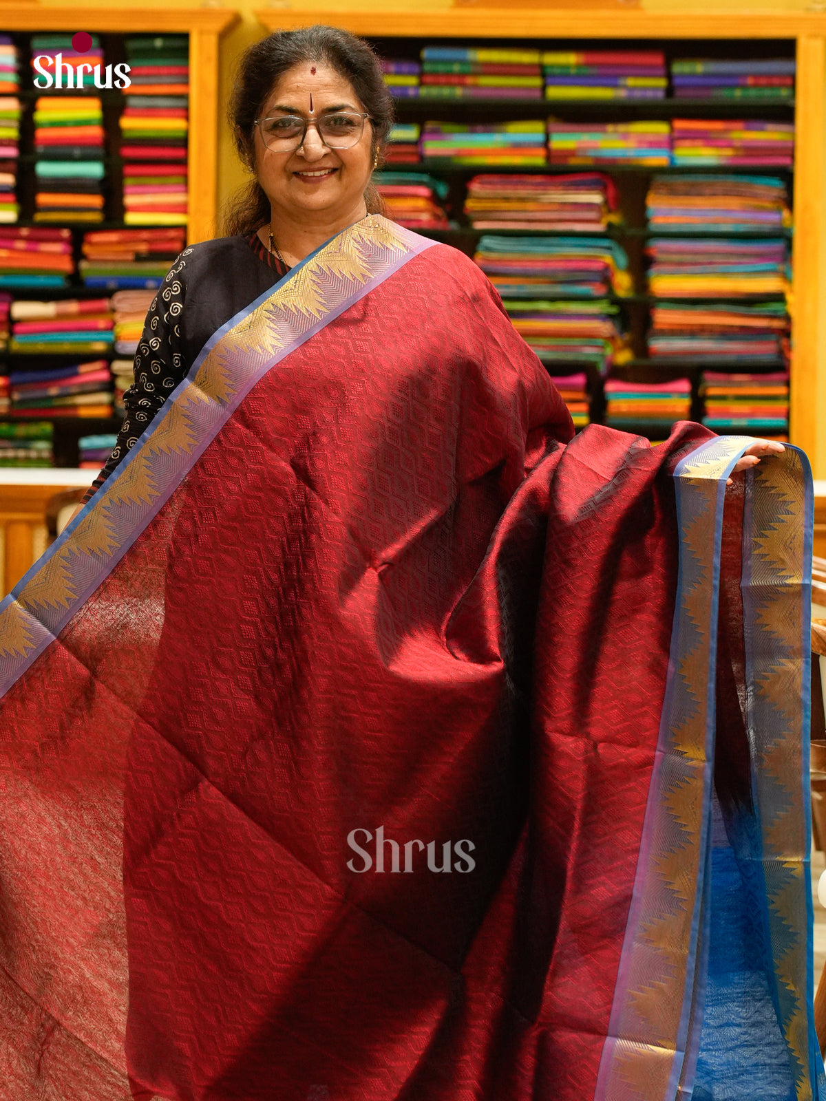 Dark Maroon Silk Cotton Saree with Diamond Buttas | Blue Non Korvai Small Border