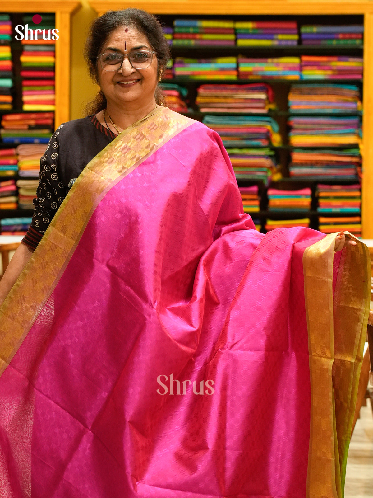 Pink Silk Cotton Saree with Square Buttas | Light Green Non Korvai Small Border