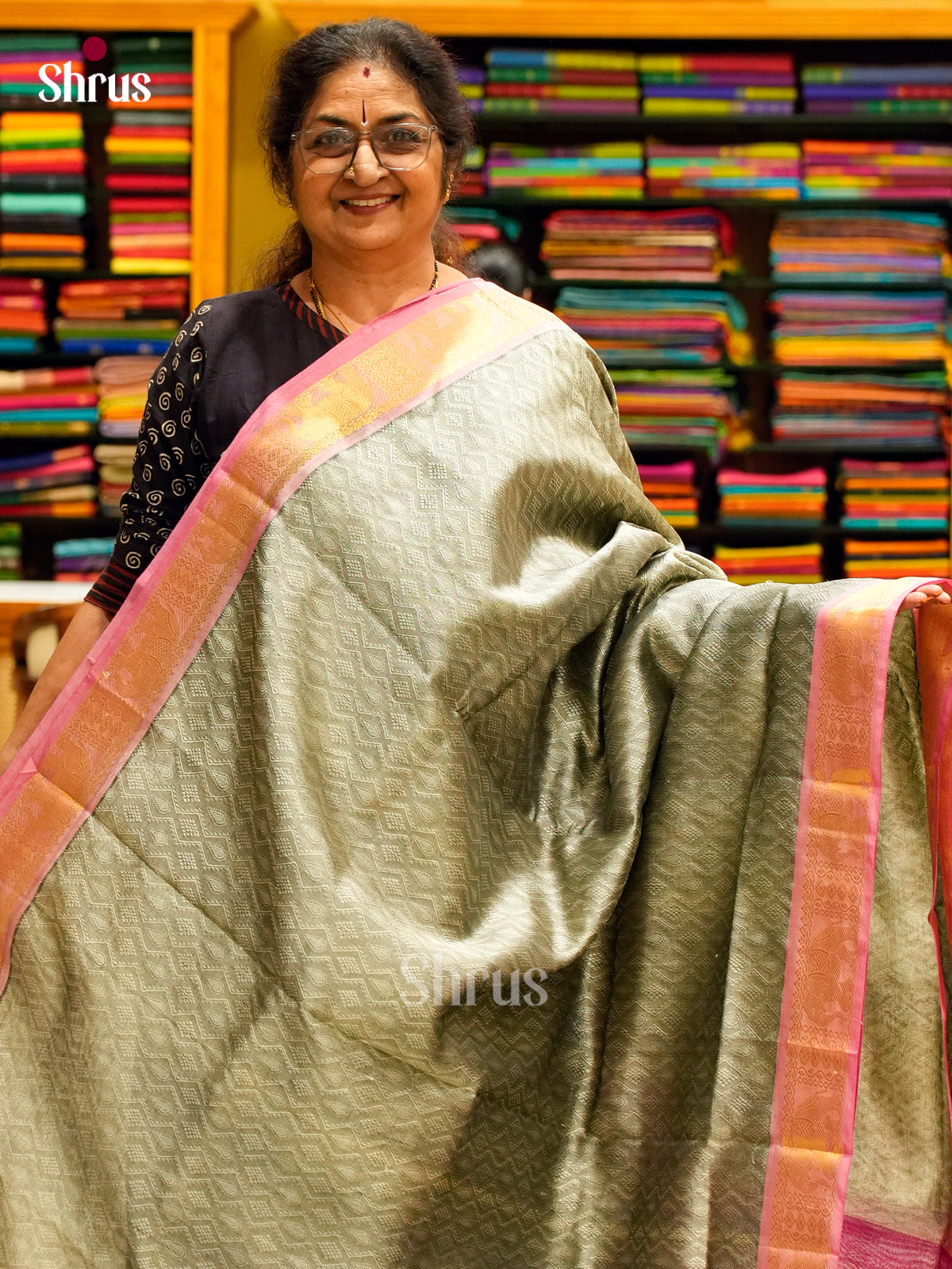 Silver Silk Cotton Saree with Diamond Buttas | Pink Non Korvai Small Border