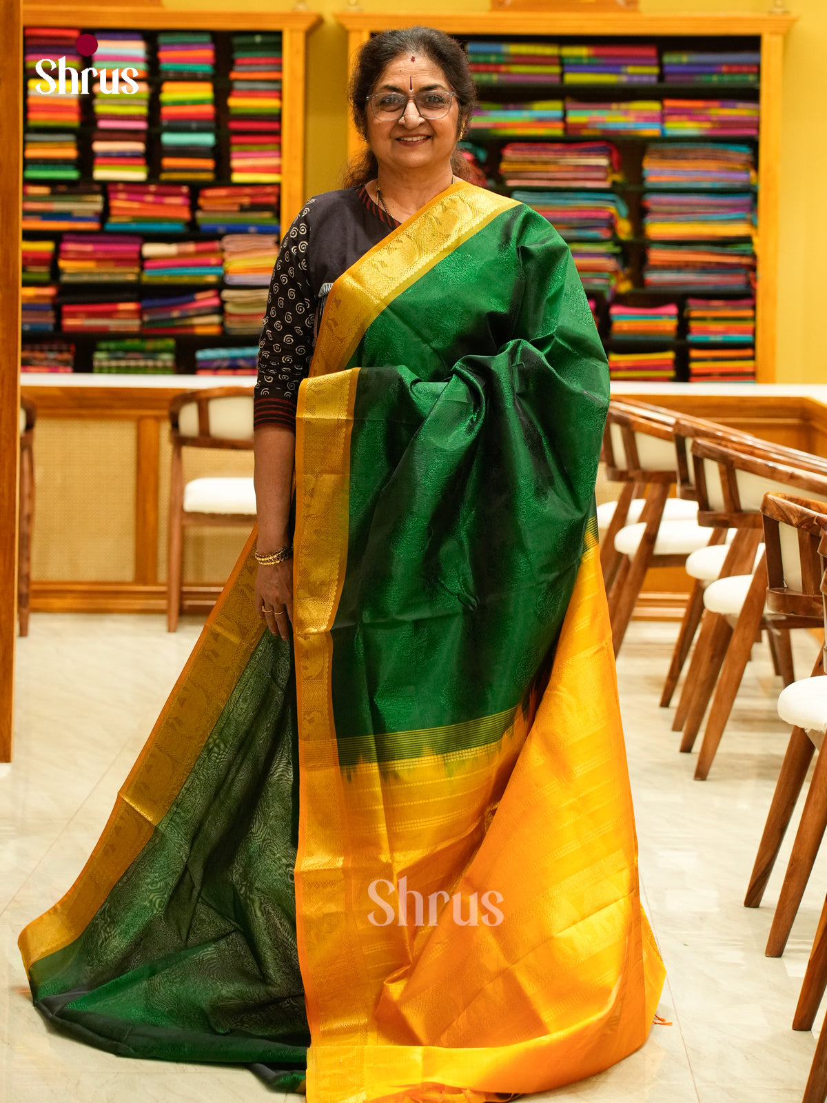 Dark Green Silk Cotton Saree with Floral Buttas | Mustard Non Korvai Small Border
