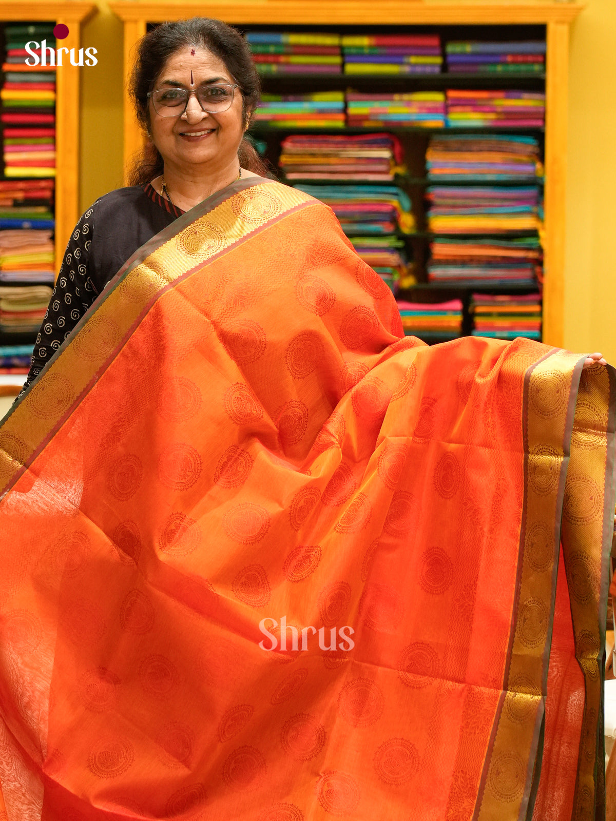 Dark Orange Silk Cotton Saree with Peacock Buttas | Dark Brown Non Korvai Small Border