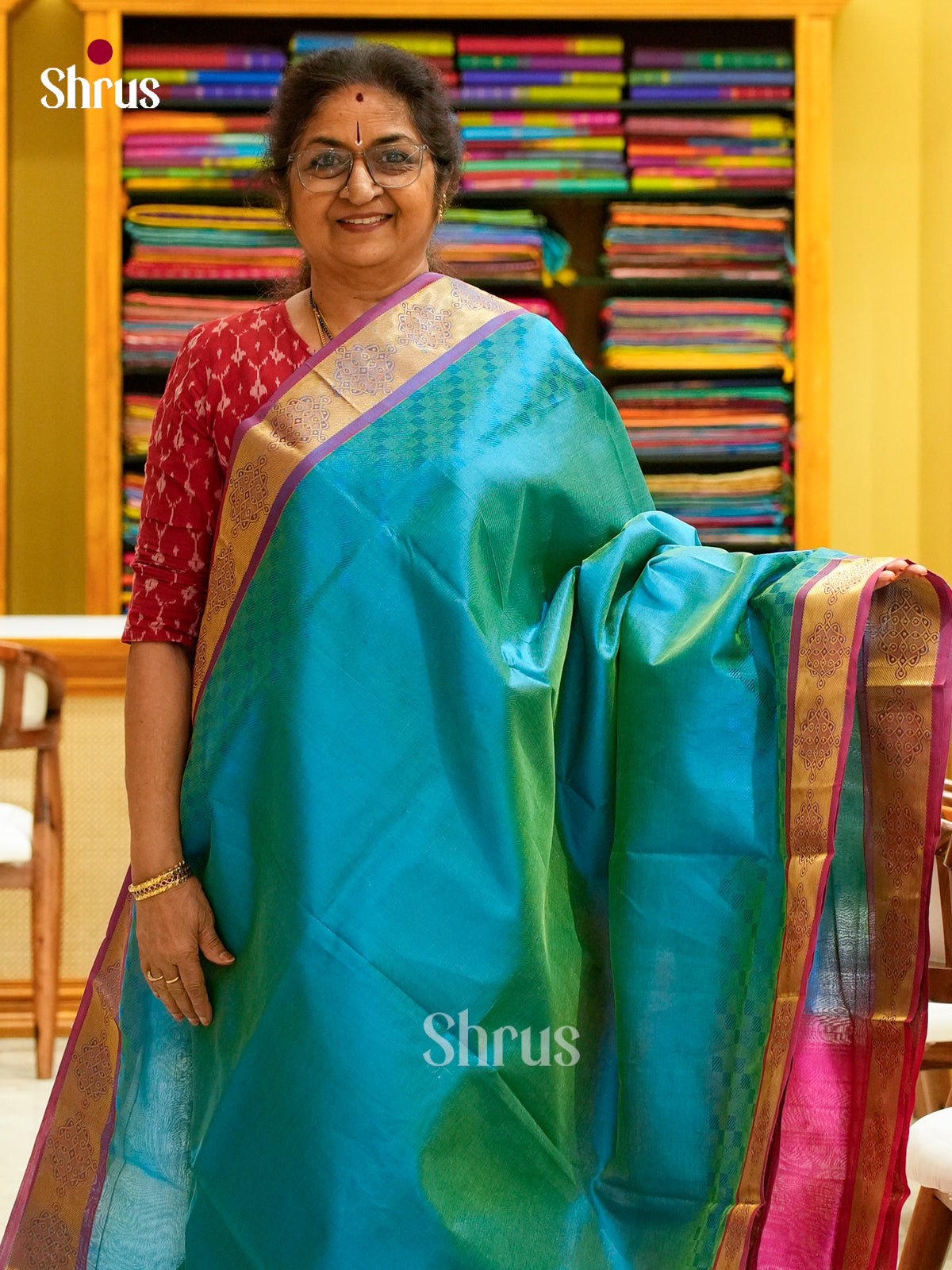 Peacock Green Silk Cotton Saree with Lines and Vaira Oosi | Pink Contrast Border