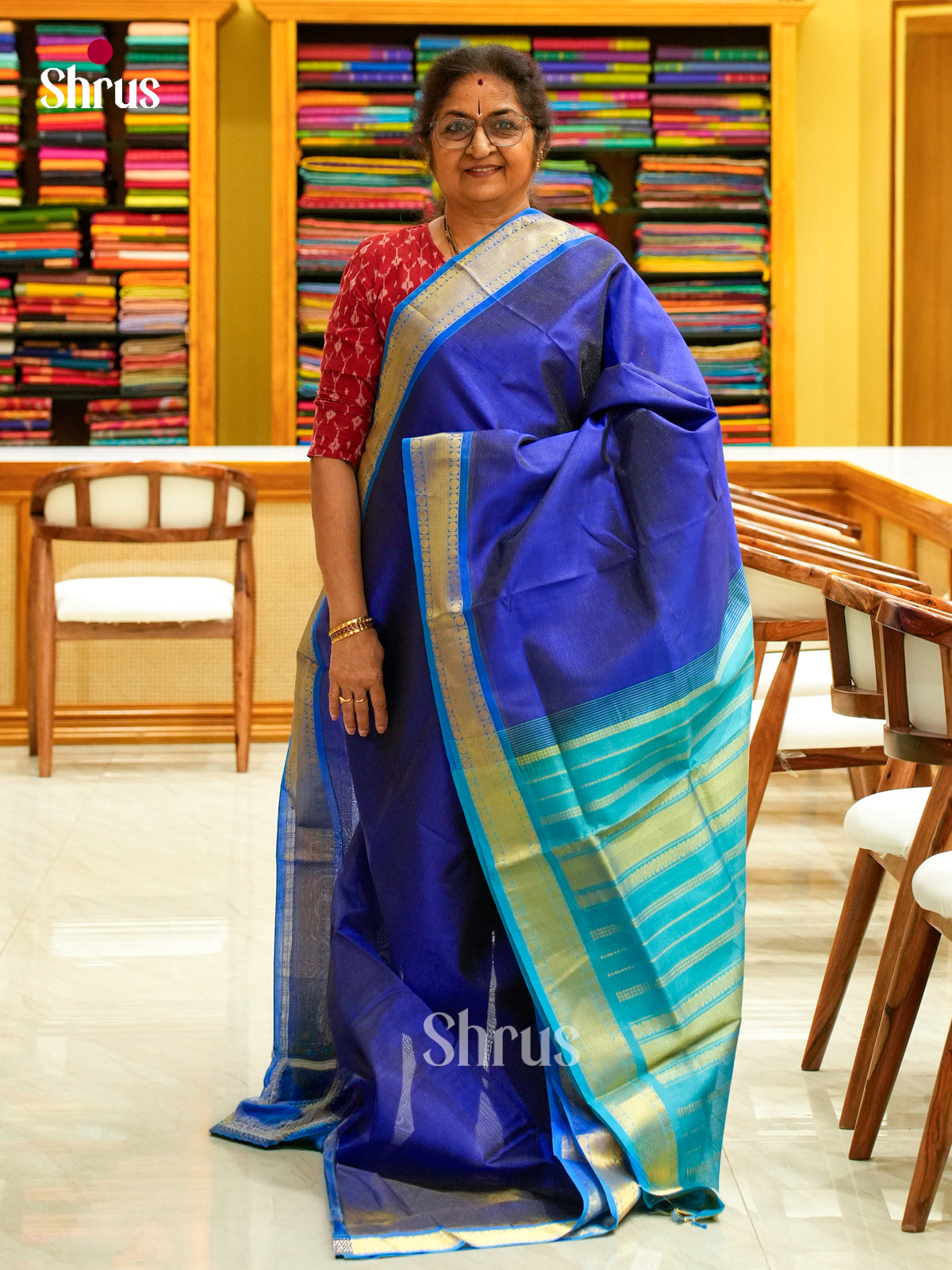 Royal Blue Silk Cotton Saree with Lines and Vaira Oosi | Teal Green Contrast Border