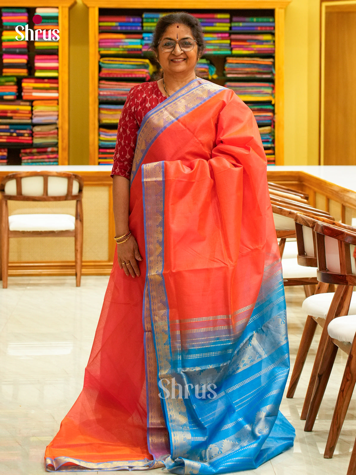 Pink Silk Cotton Saree with Lines and Vaira Oosi | Sky Blue Contrast Border