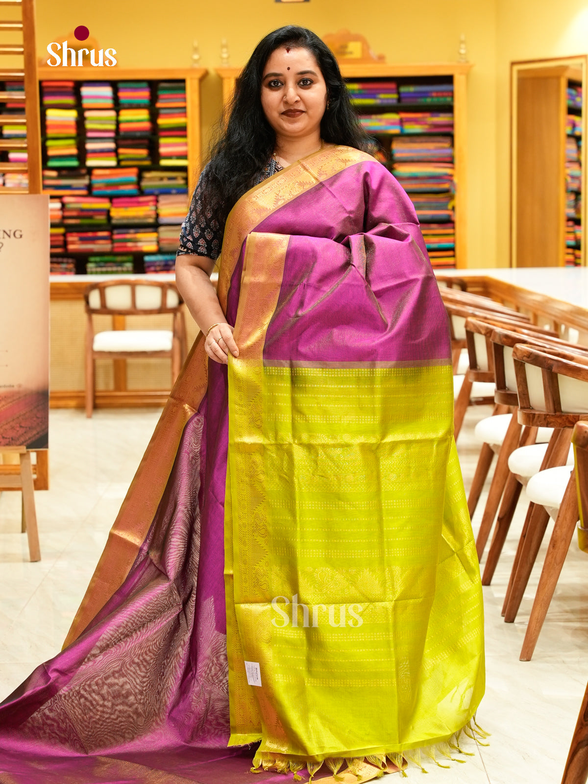 Olive Green Silk Cotton Saree with Lines and Vaira Oosi | Pink Contrast Border