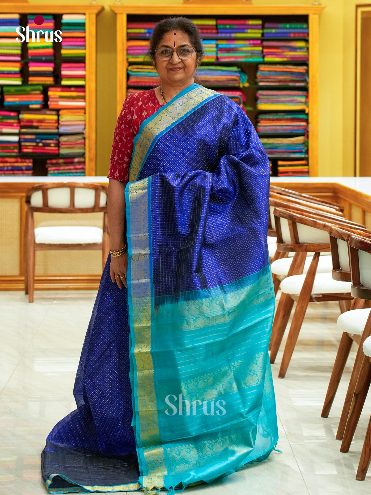 Blue Silk Cotton Saree with Thousand Buttas | Turquoise Contrast Border