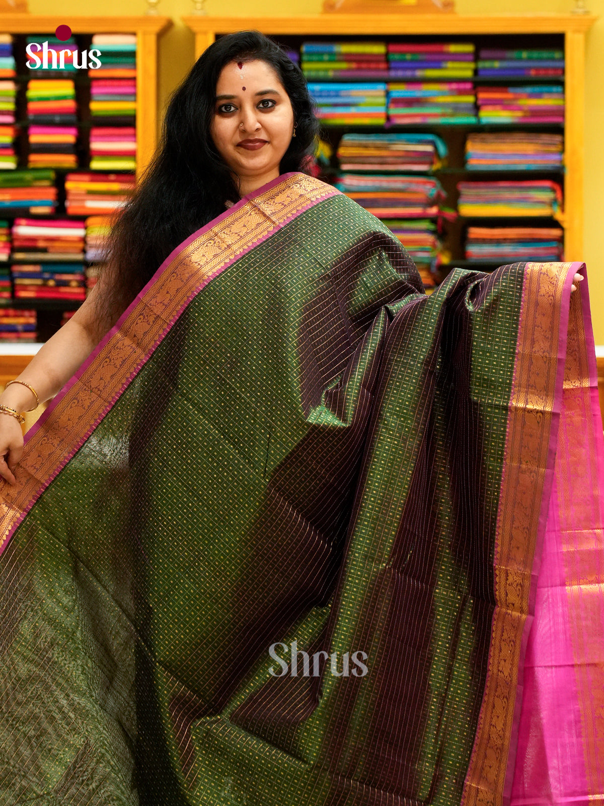 Bottle Green Silk Cotton Saree with Checks and Thousand Buttas | Rani Pink Contrast Border