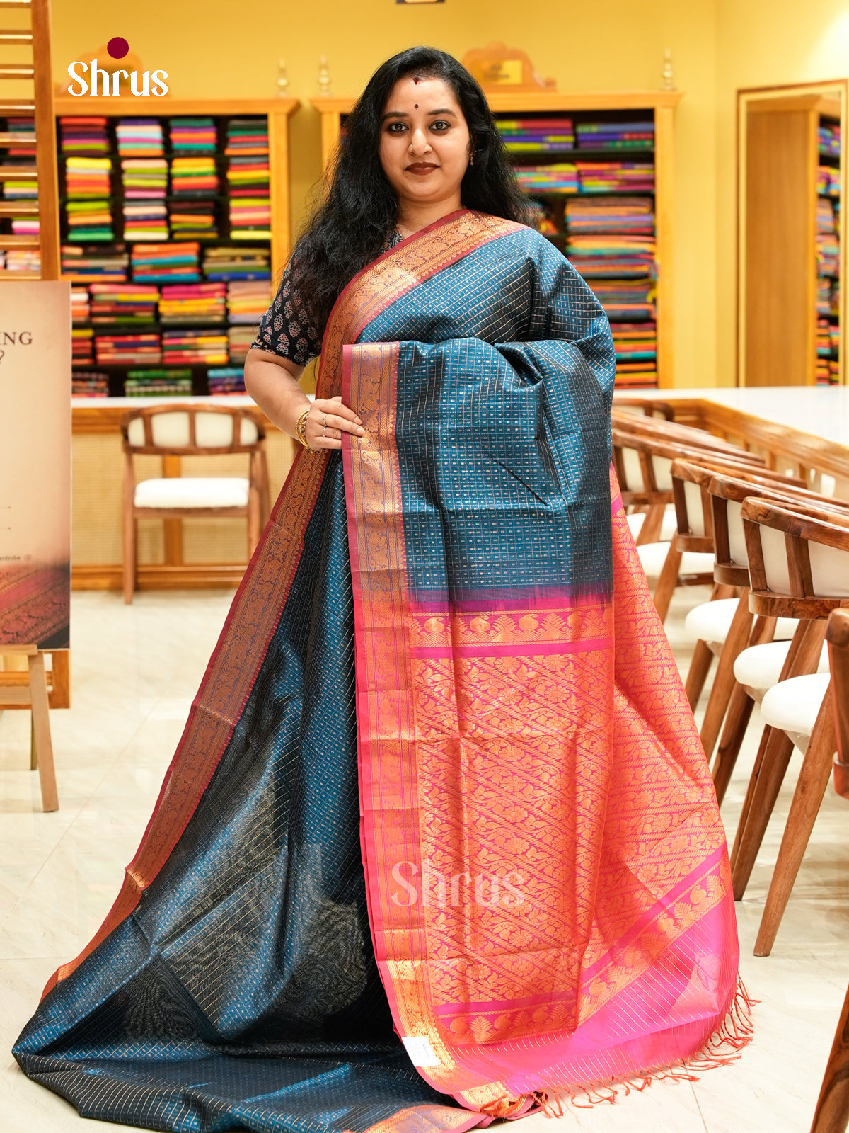 Teal Green Silk Cotton Saree with Thousand Buttas | Pink Contrast Border