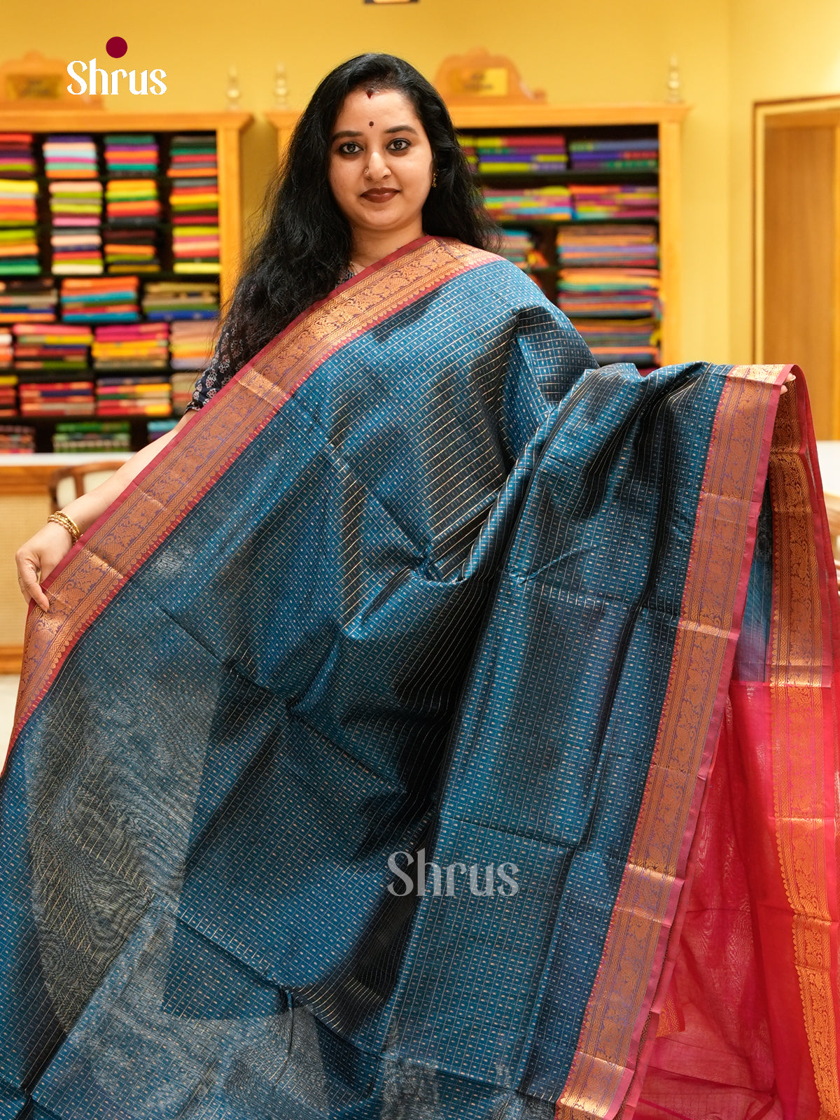 Teal Green Silk Cotton Saree with Thousand Buttas | Pink Contrast Border