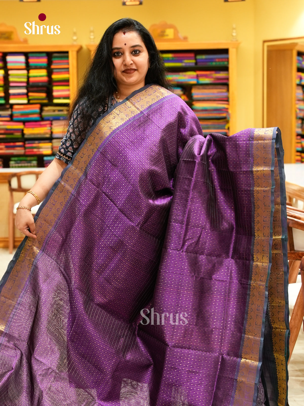 Purple Silk Cotton Saree with Thousand Buttas