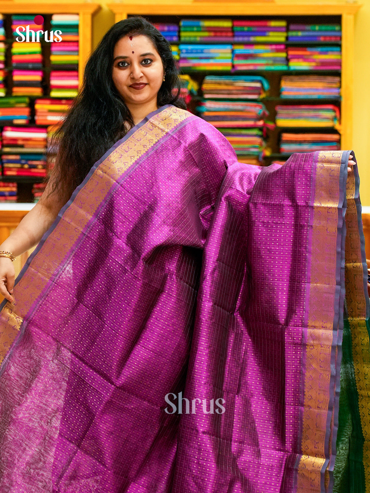 Magenta Silk Cotton Saree with Thousand Buttas | Green Contrast Border