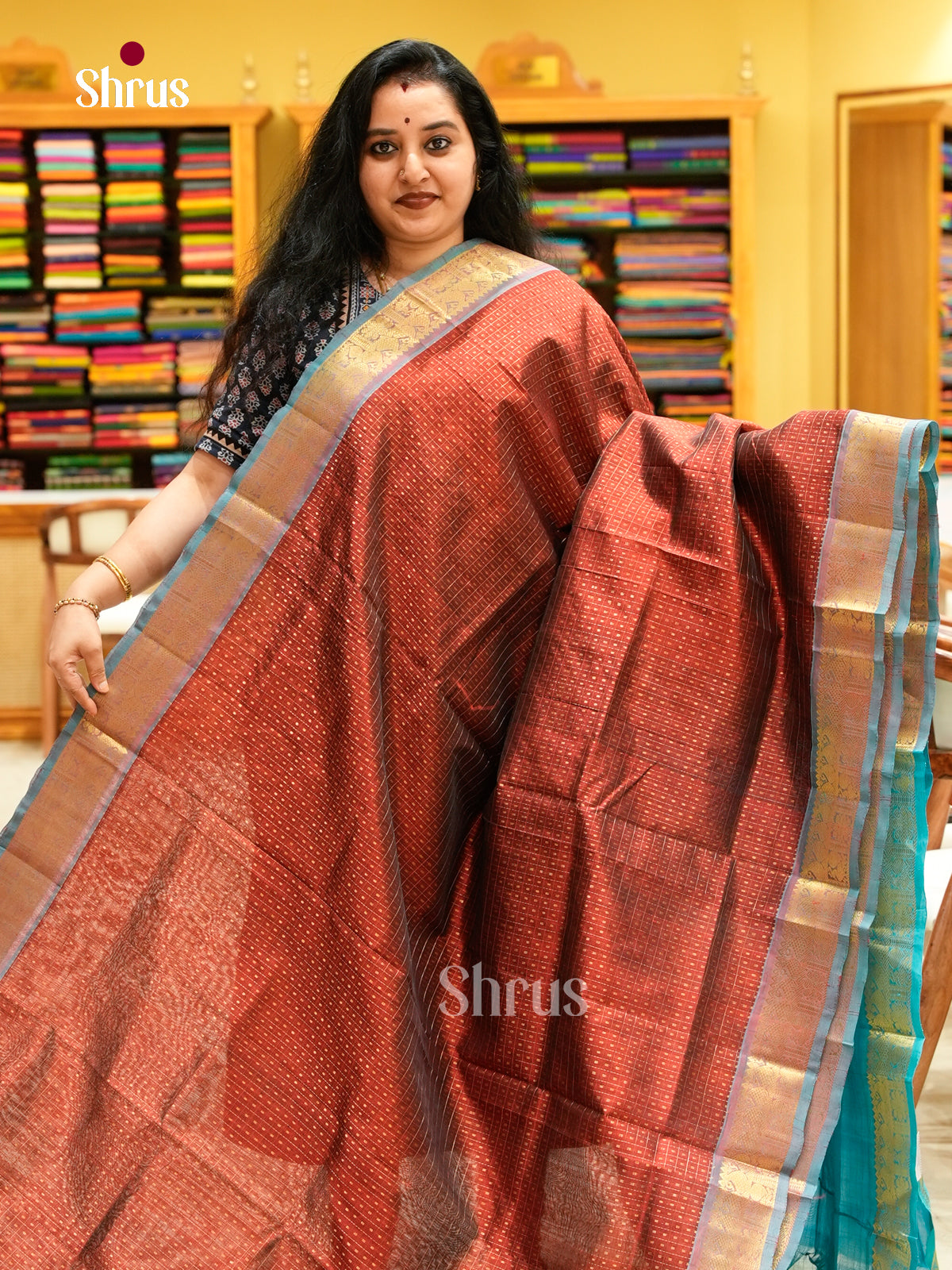 Maroon Silk Cotton Saree with Thousand Buttas | Sky Blue Contrast Border
