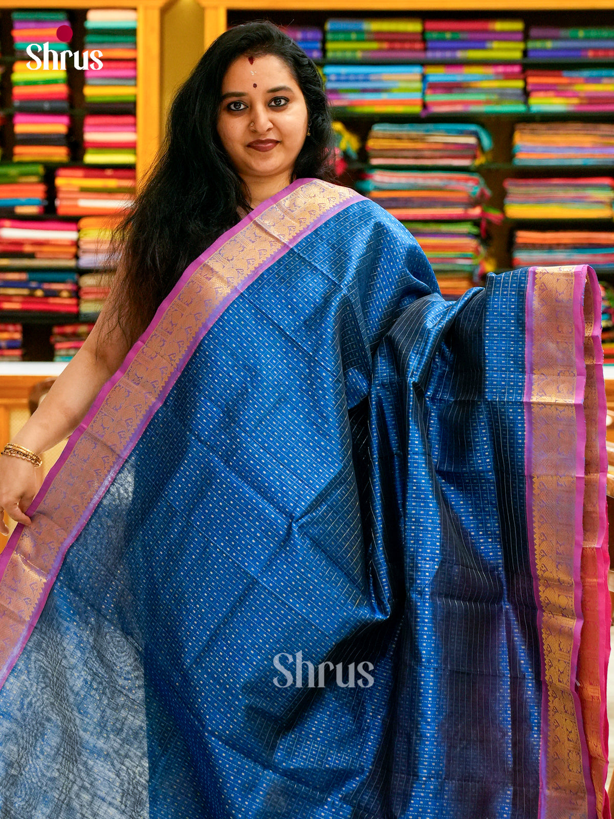 Peacock Blue Silk Cotton Saree with Thousand Buttas | Pink Contrast Border