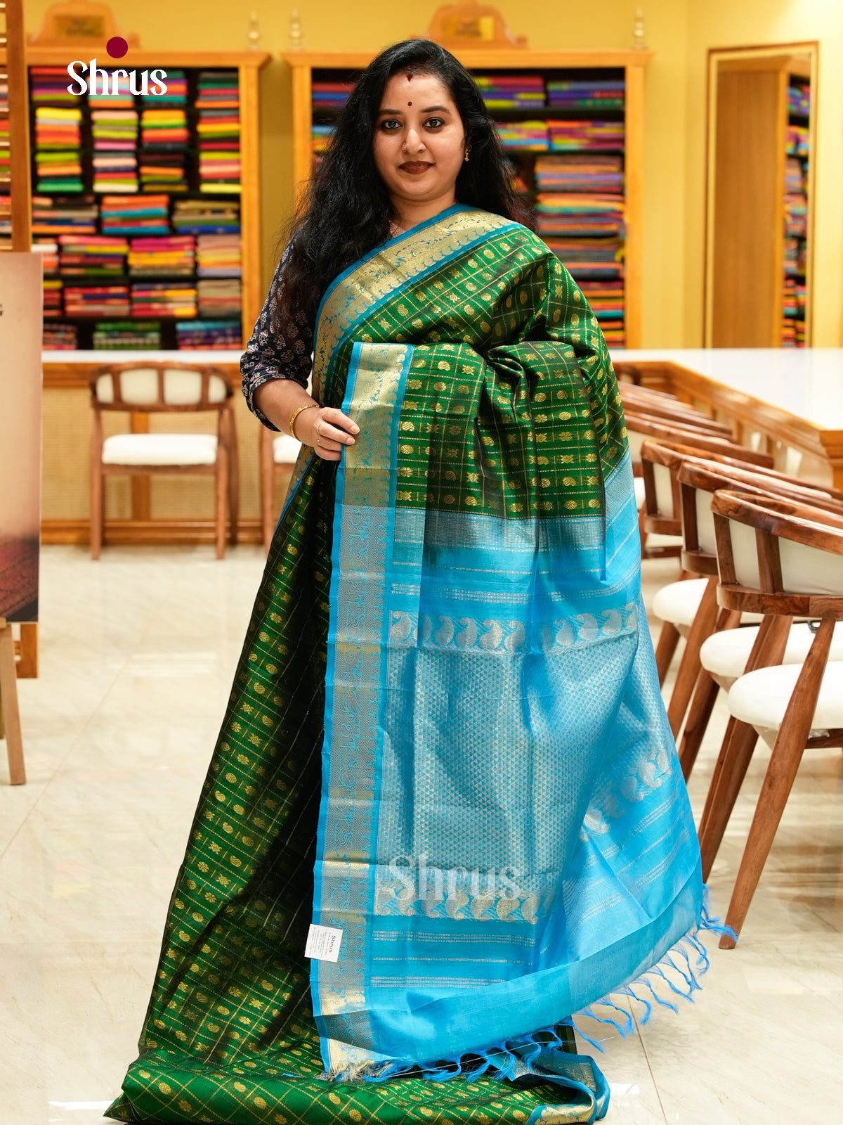 Green Silk Cotton Saree with Mango / Paisley Buttas | Sky Blue Non Korvai Medium Border