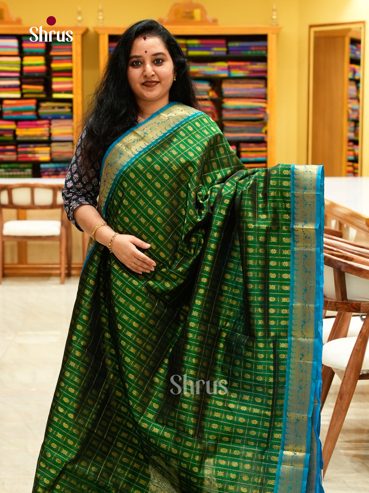Green Silk Cotton Saree with Mango / Paisley Buttas | Sky Blue Non Korvai Medium Border