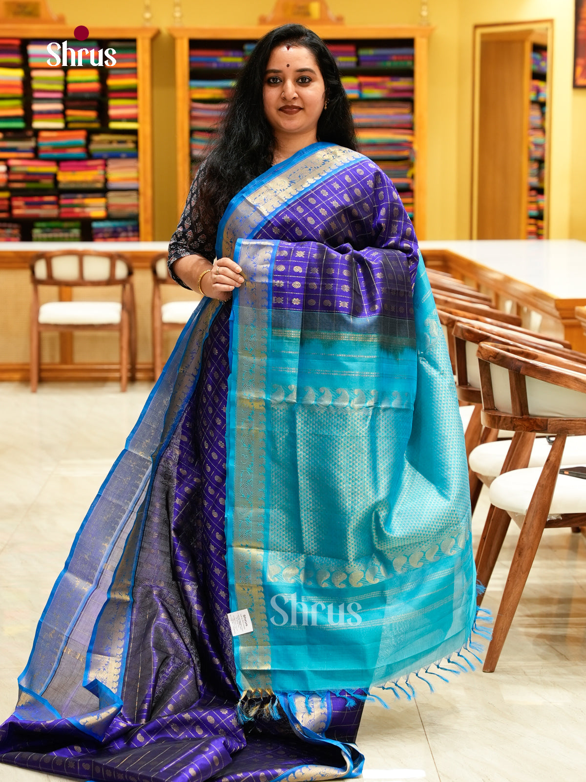 Blue Silk Cotton Saree with Floral Buttas | Sky Blue Contrast Border