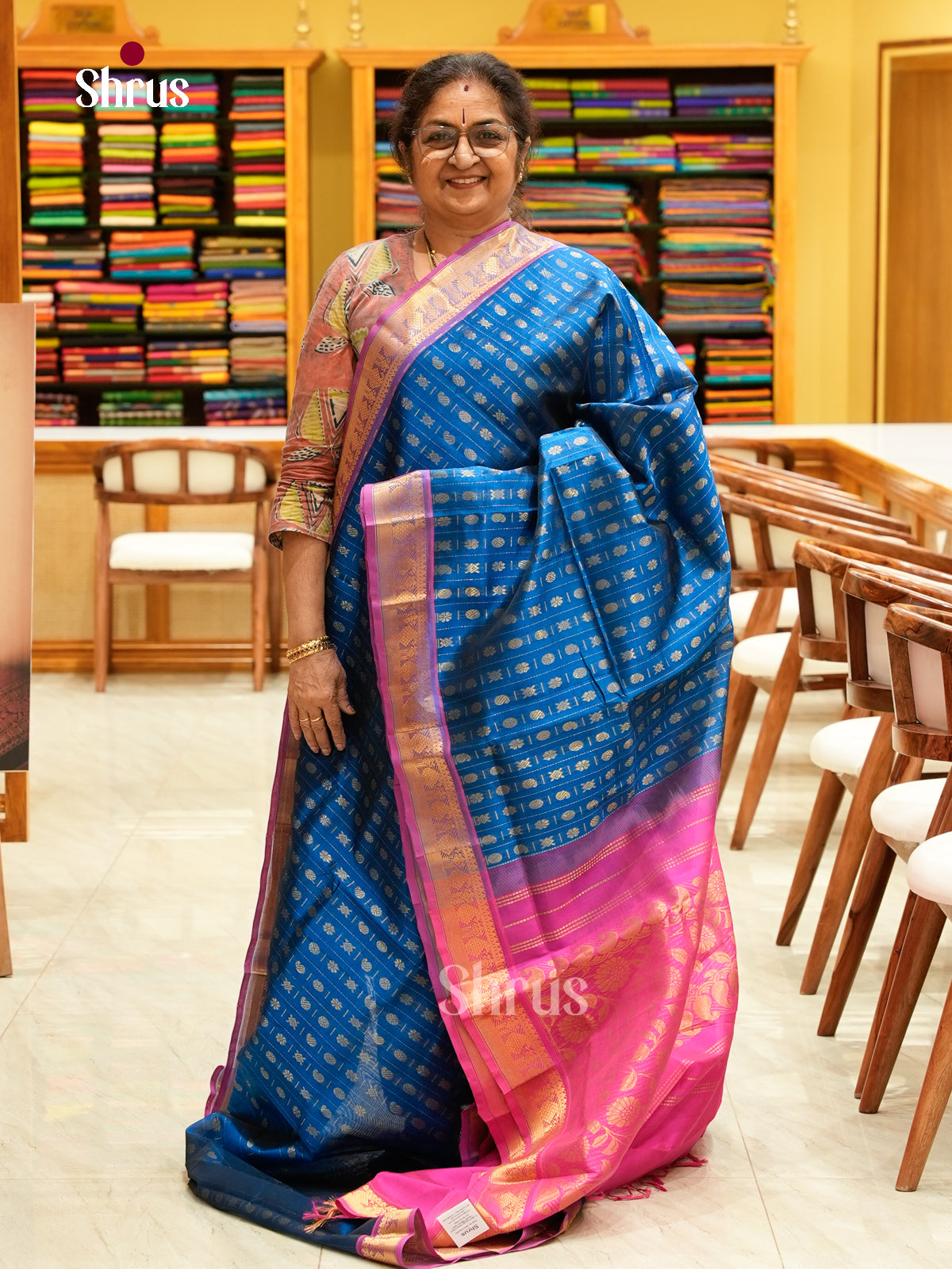 Peacock Blue Silk Cotton Saree with Floral Buttas | Pink Contrast Border
