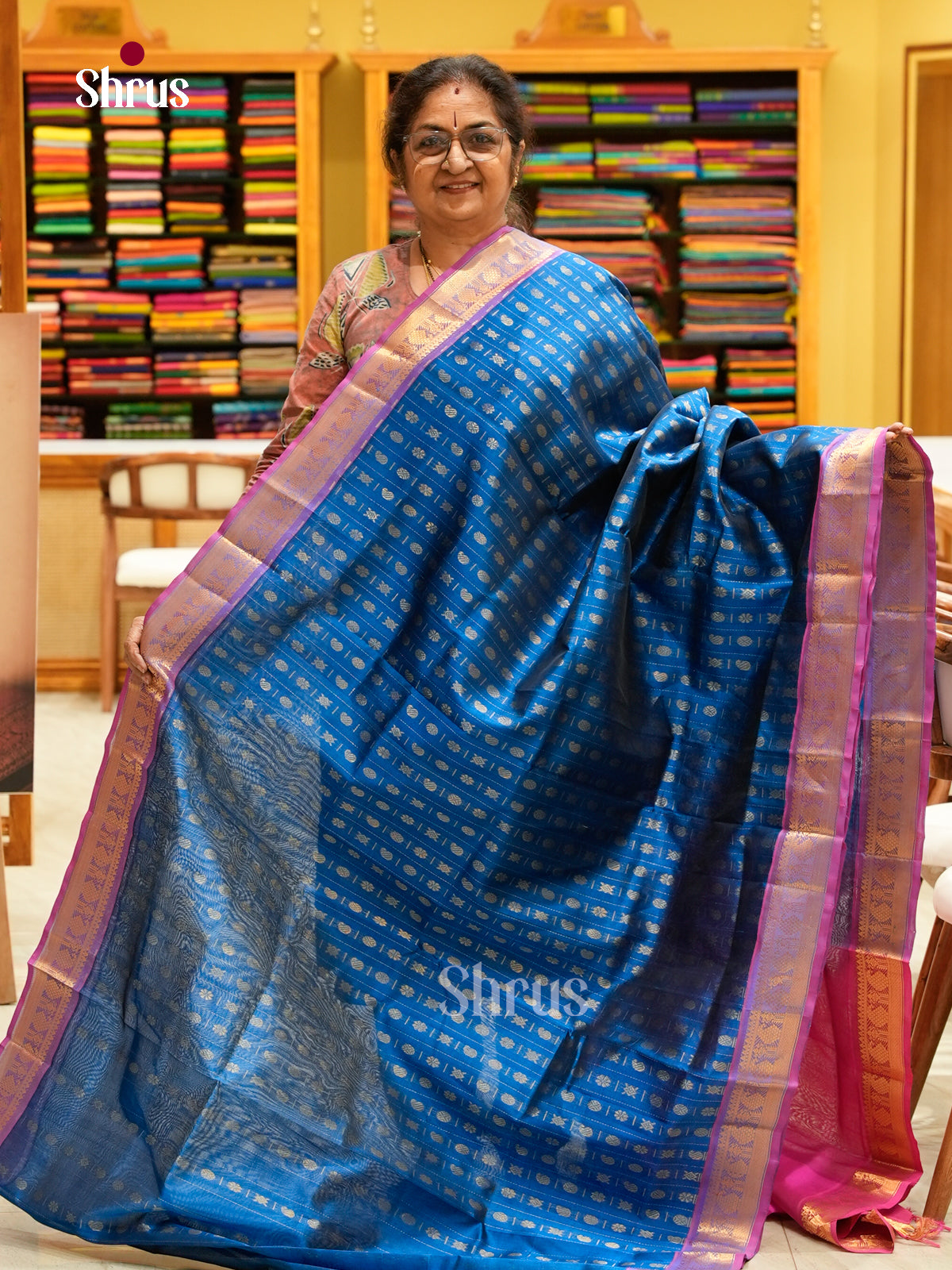 Peacock Blue Silk Cotton Saree with Floral Buttas | Pink Contrast Border