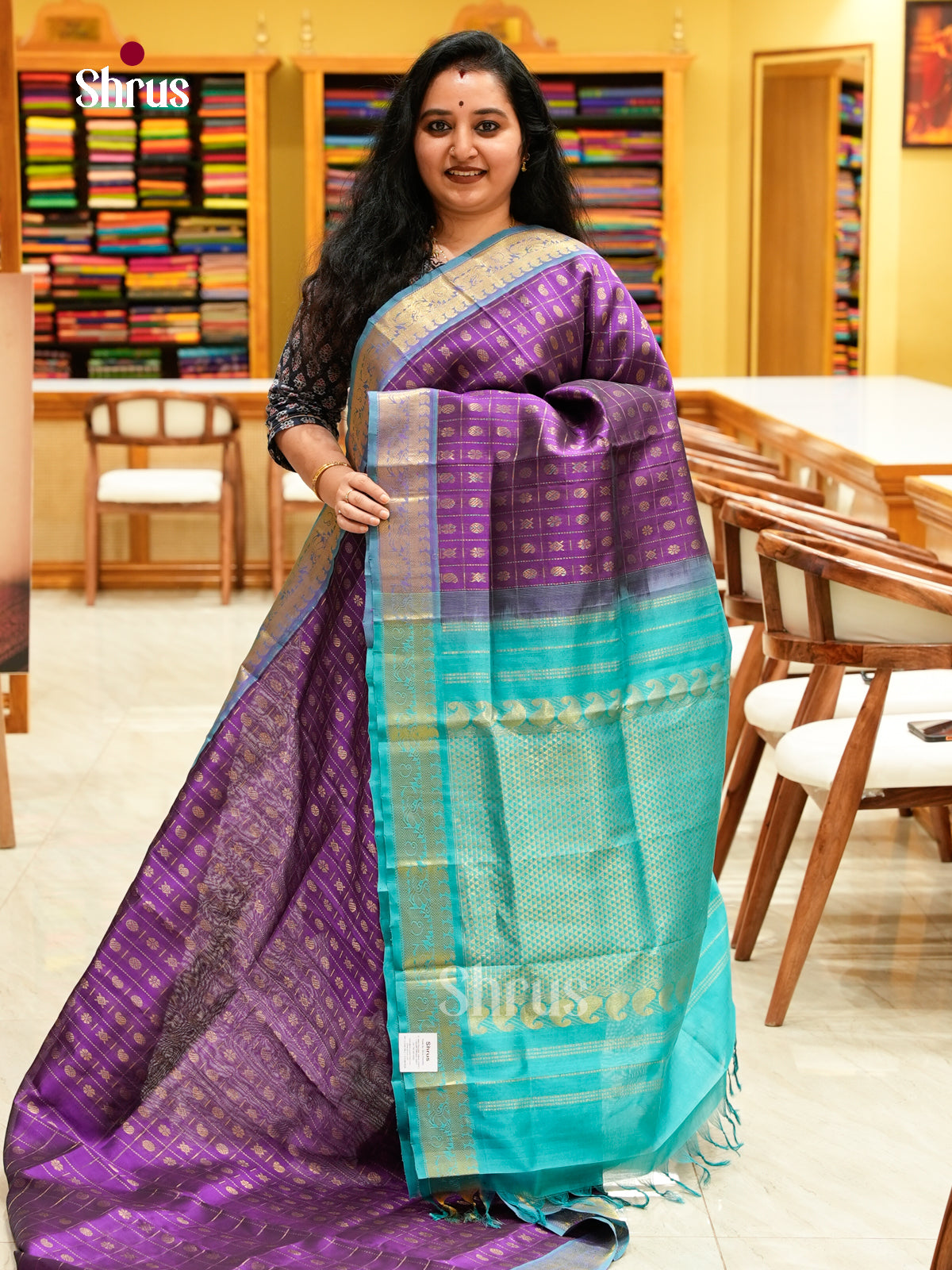 Purple Silk Cotton Saree with Floral Buttas | Turquoise Contrast Border