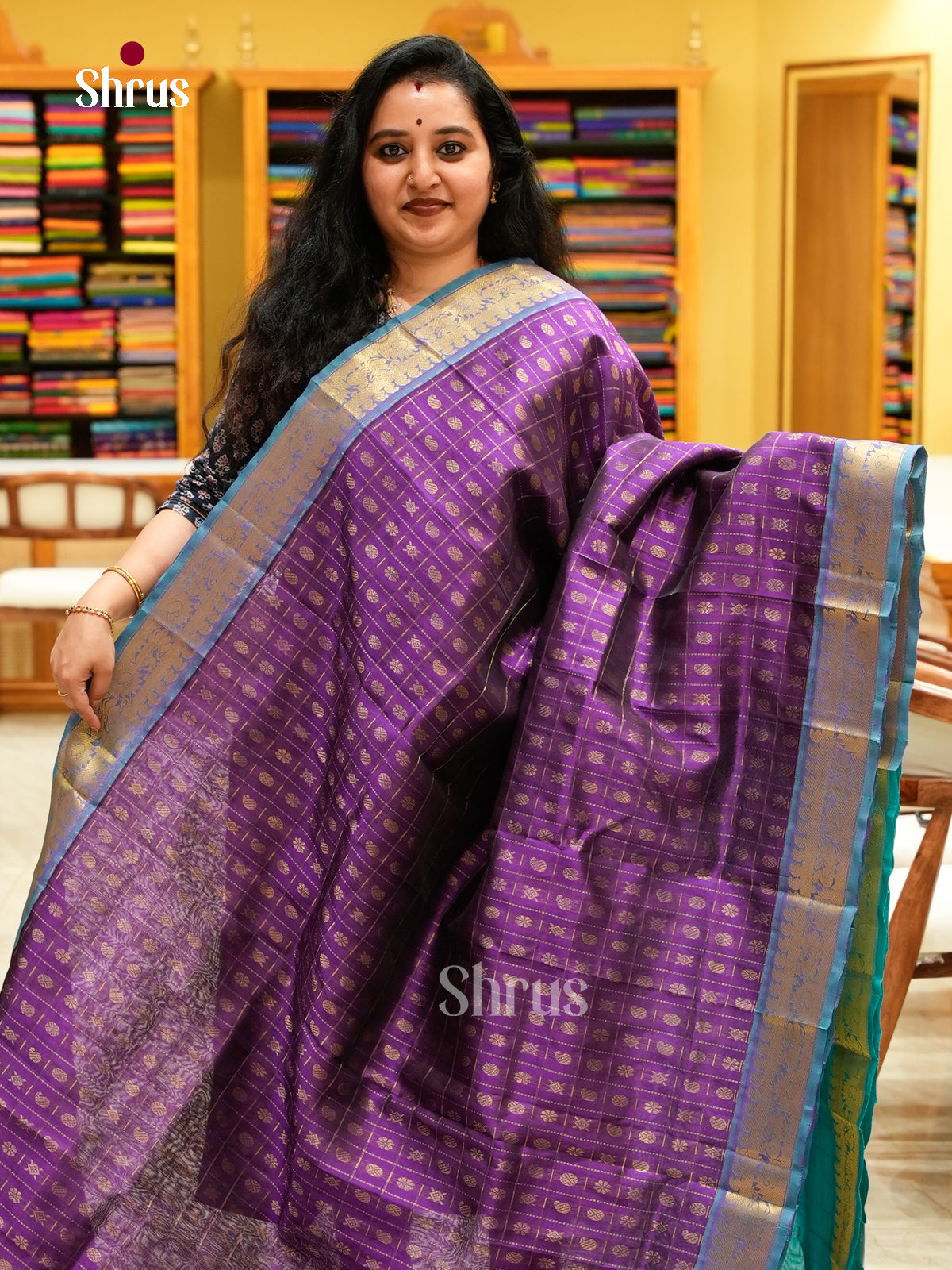 Purple Silk Cotton Saree with Floral Buttas | Turquoise Contrast Border
