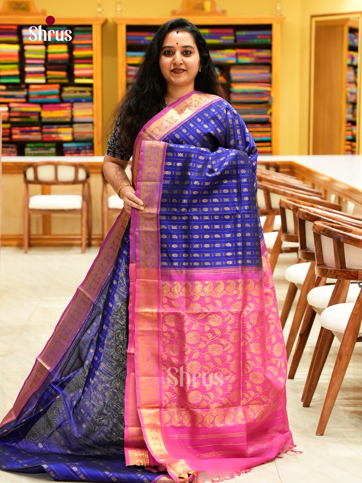 Blue Silk Cotton Saree with Checks with Buttas and Peacock Buttas | Pink Contrast Border