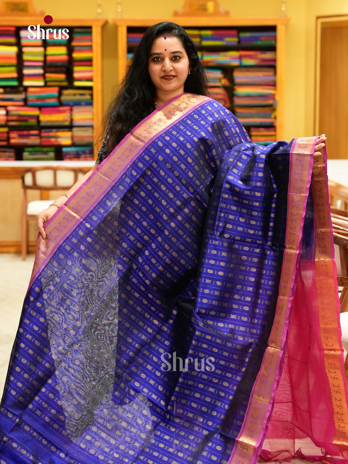 Blue Silk Cotton Saree with Checks with Buttas and Peacock Buttas | Pink Contrast Border