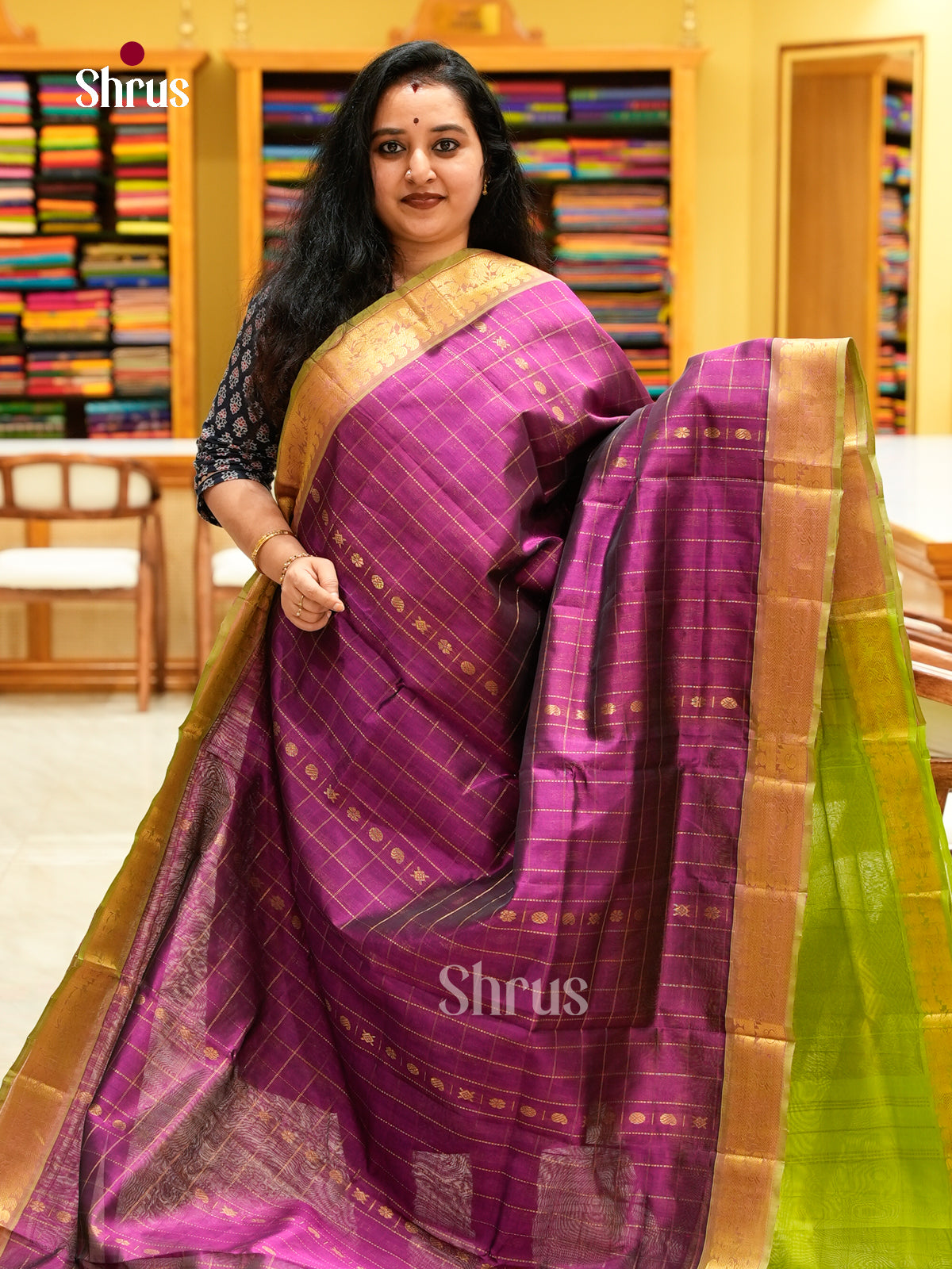 Wine Silk Cotton Saree with Floral Buttas | Green Contrast Border