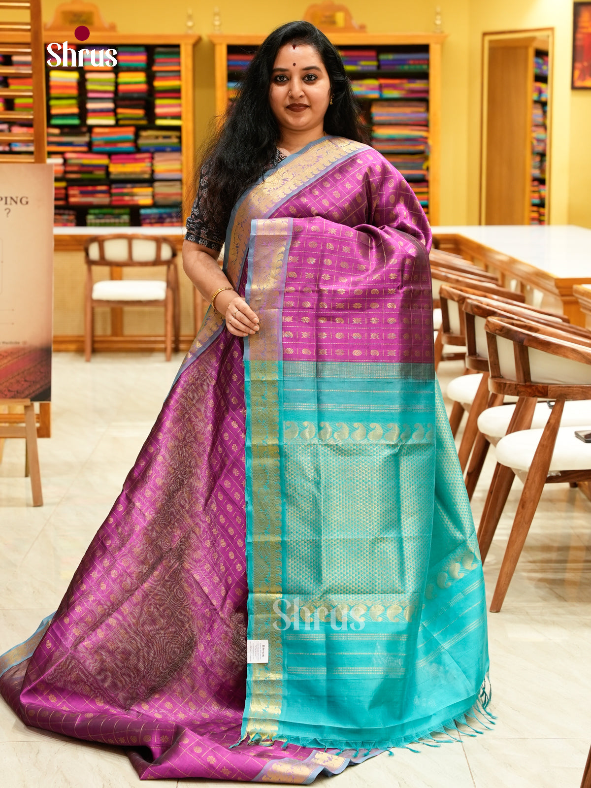 Magenta Silk Cotton Saree with Floral Buttas | Turquoise Contrast Border