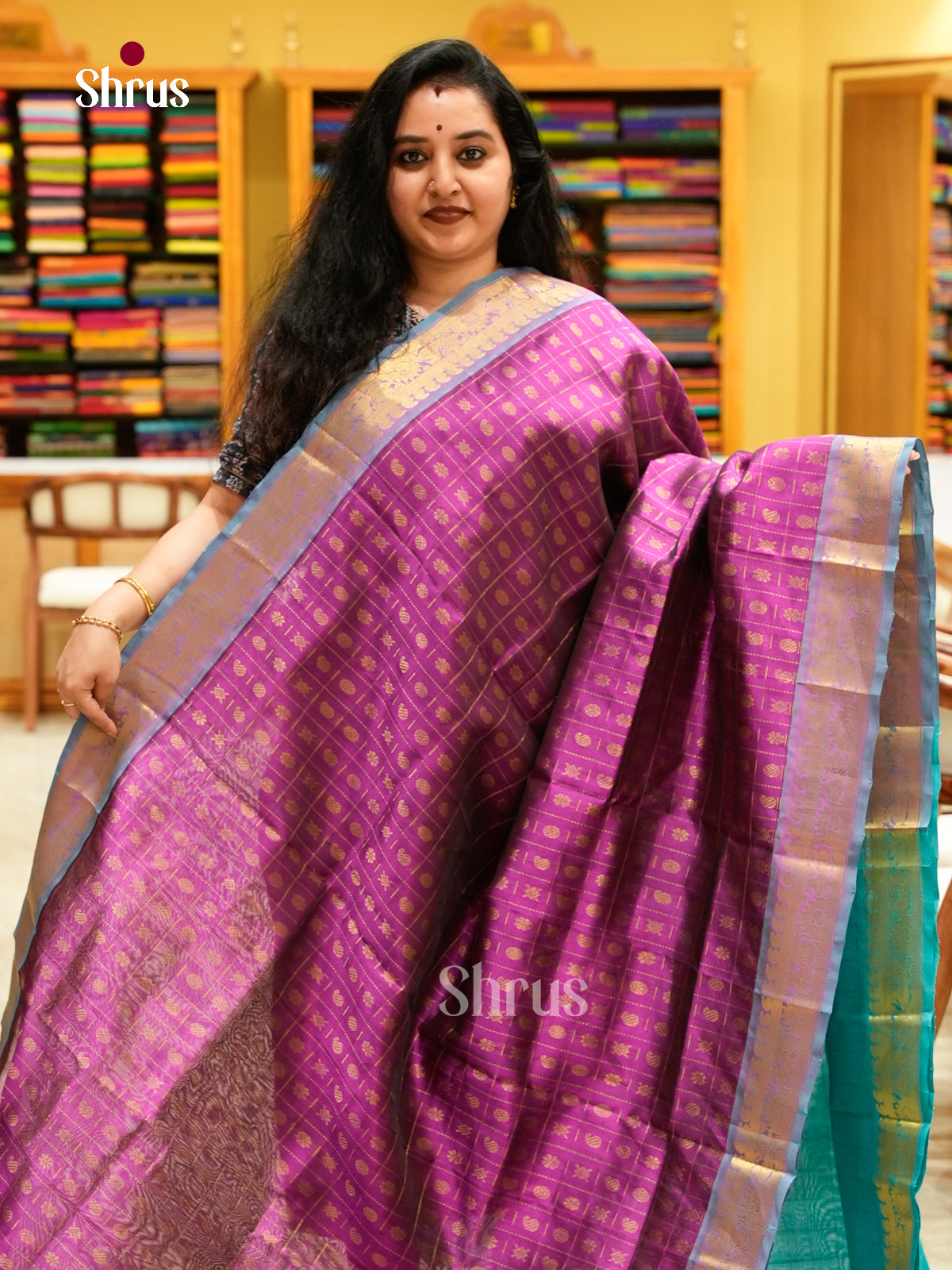 Magenta Silk Cotton Saree with Floral Buttas | Turquoise Contrast Border