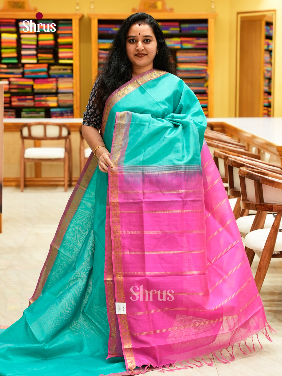 Turquoise Silk Cotton Saree | Pink Contrast Border