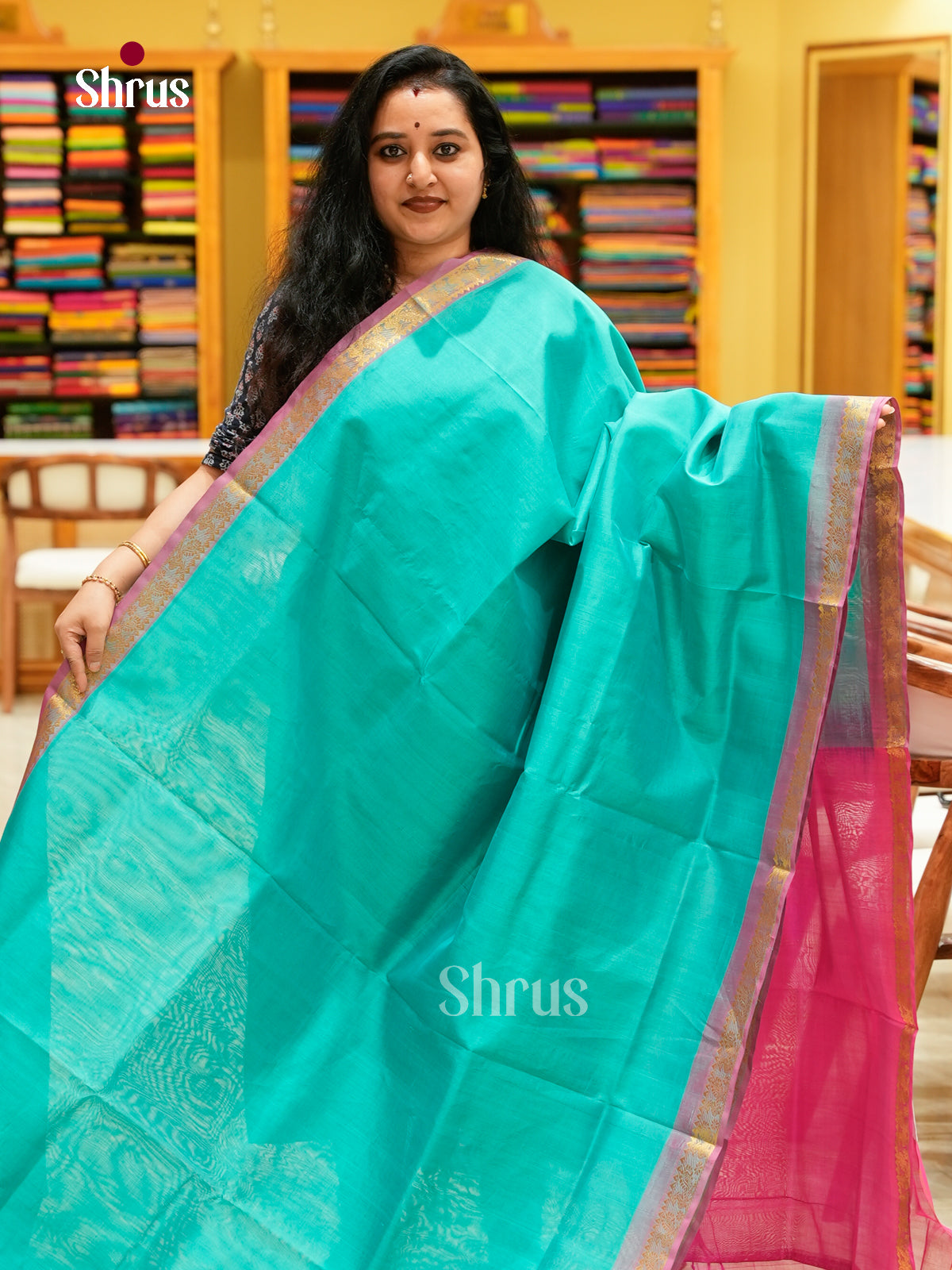 Turquoise Silk Cotton Saree | Pink Contrast Border