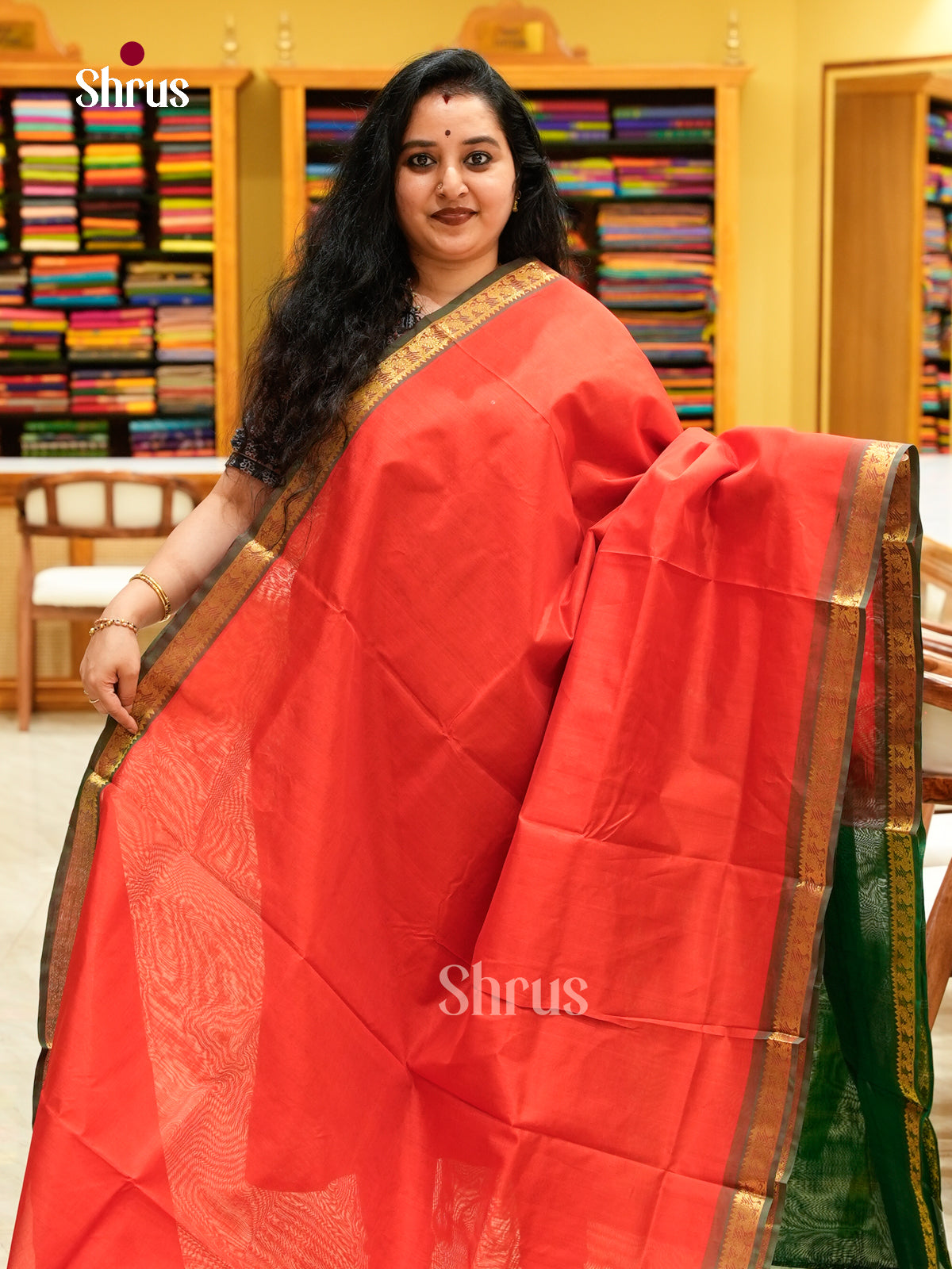 Red Silk Cotton Saree | Green Contrast Border