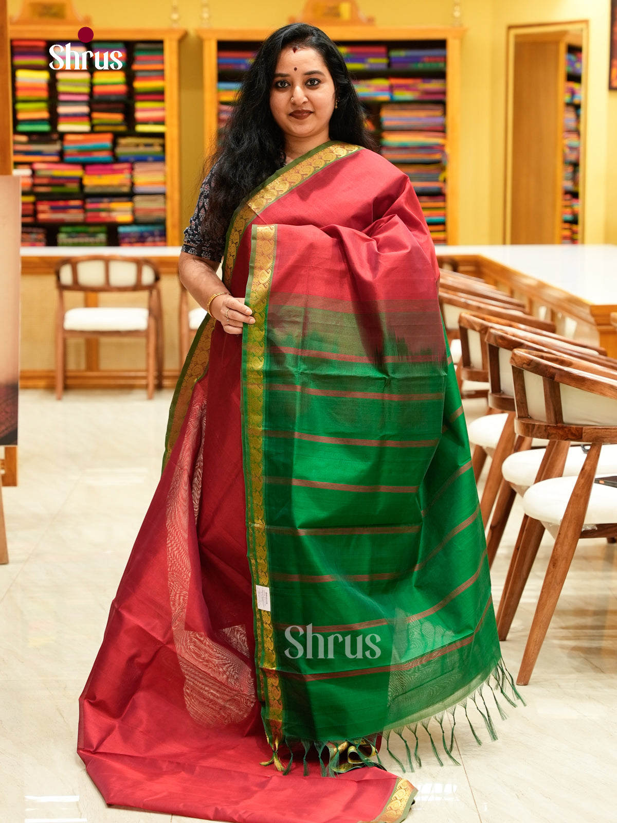 Maroon Silk Cotton Saree | Dark Green Contrast Border