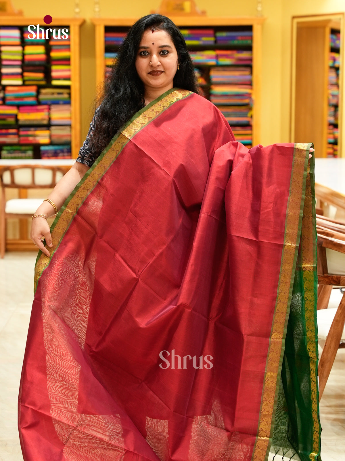 Maroon Silk Cotton Saree | Dark Green Contrast Border