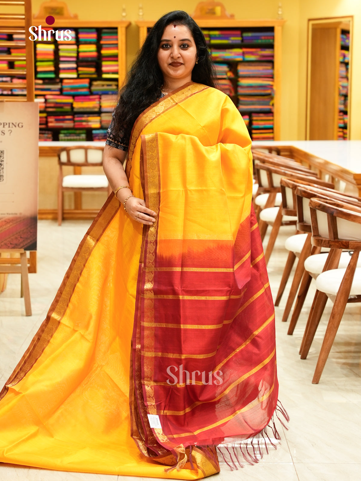 Mango Yellow Silk Cotton Saree | Red Contrast Border