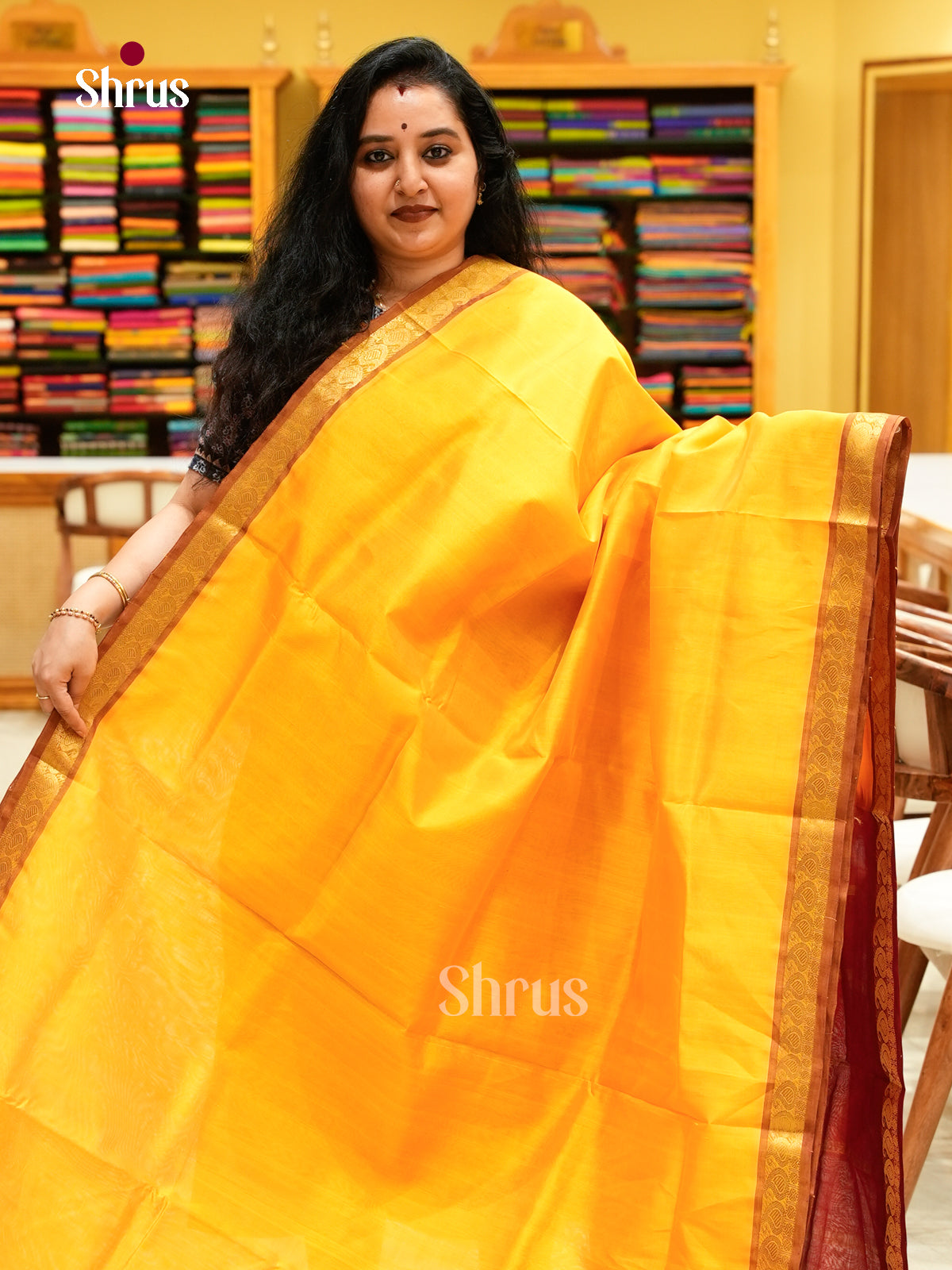 Mango Yellow Silk Cotton Saree | Red Contrast Border