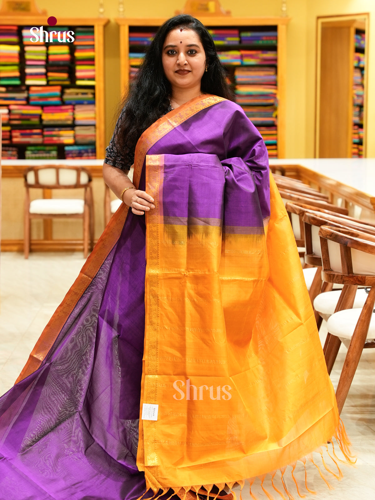Purple Silk Cotton Saree | Mustard Contrast Border