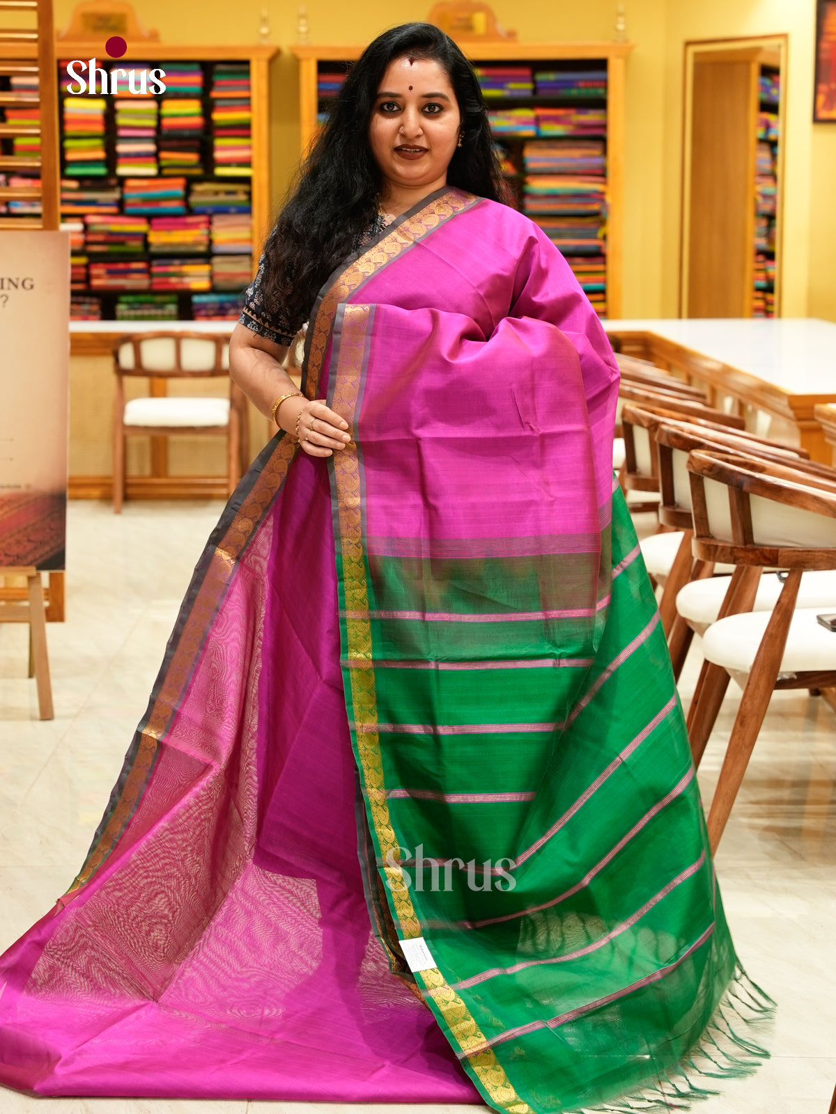 Pink Silk Cotton Saree | Dark Green Contrast Border