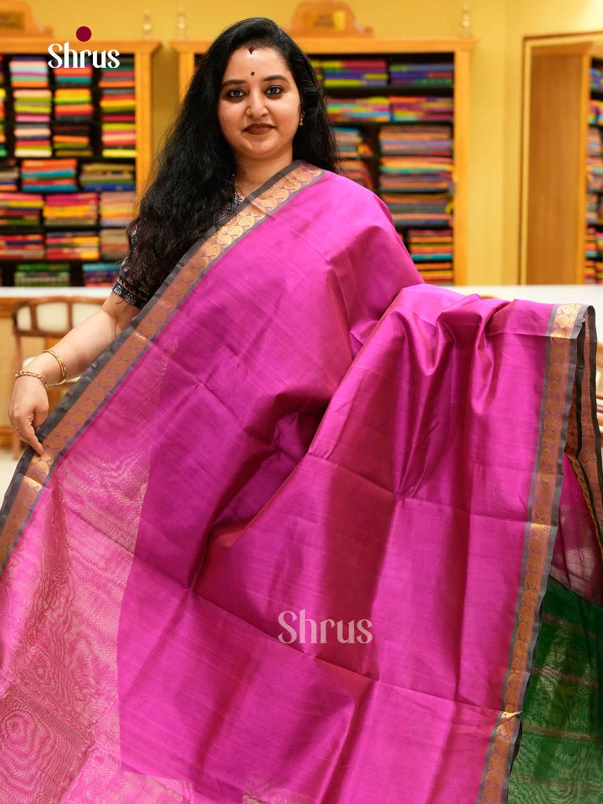 Pink Silk Cotton Saree | Dark Green Contrast Border