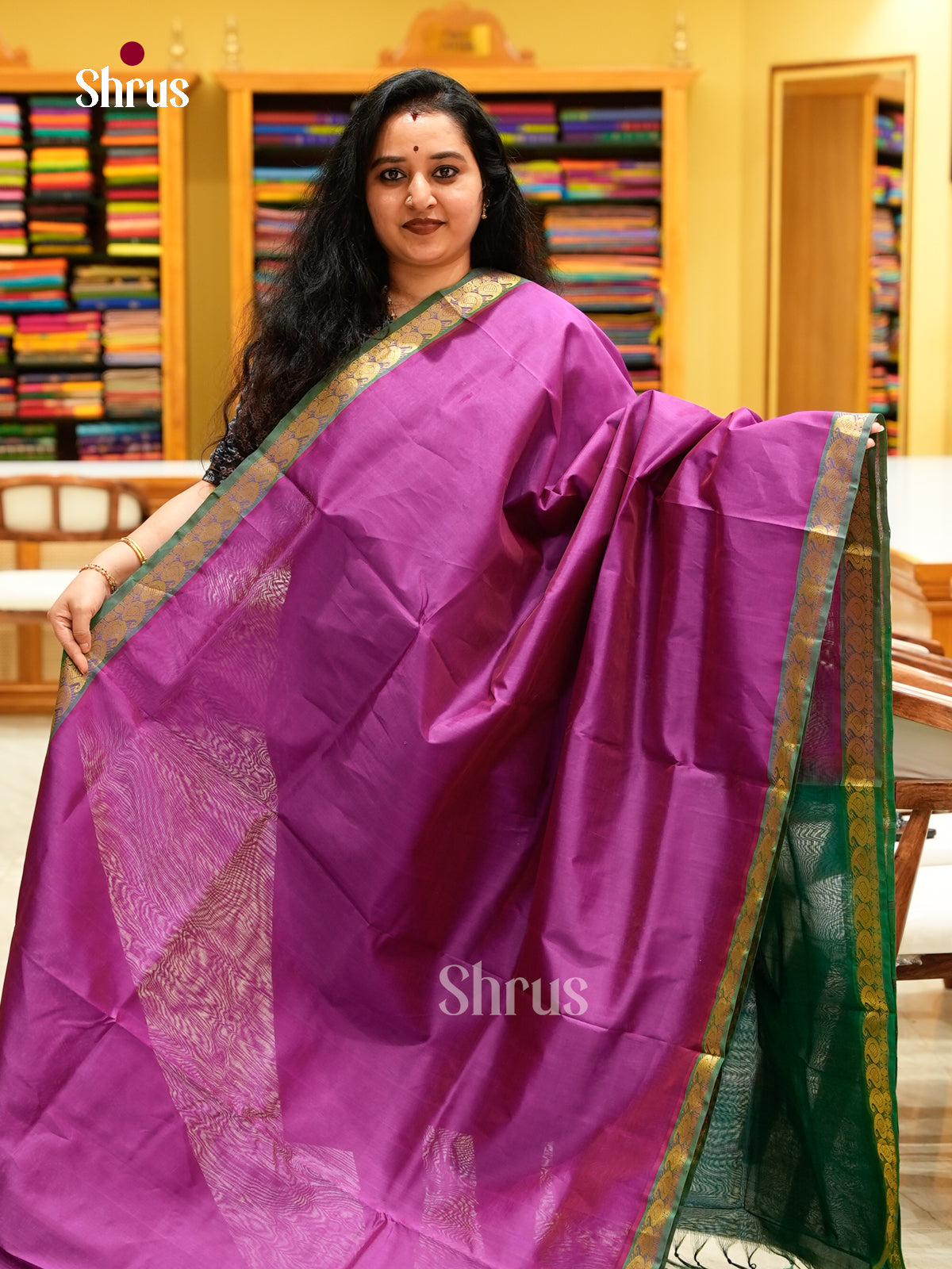 Dark Green Silk Cotton Saree | Pink Contrast Border