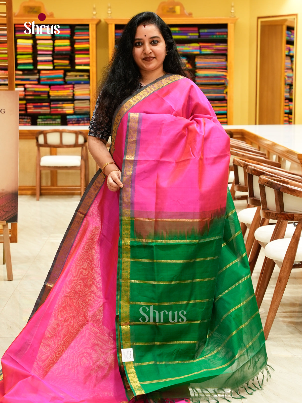 Pink Silk Cotton Saree | Green Contrast Border
