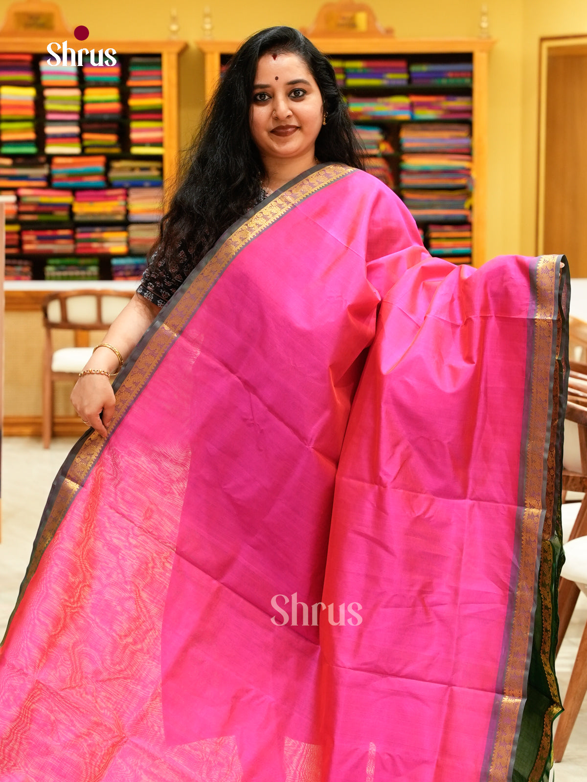 Pink Silk Cotton Saree | Green Contrast Border