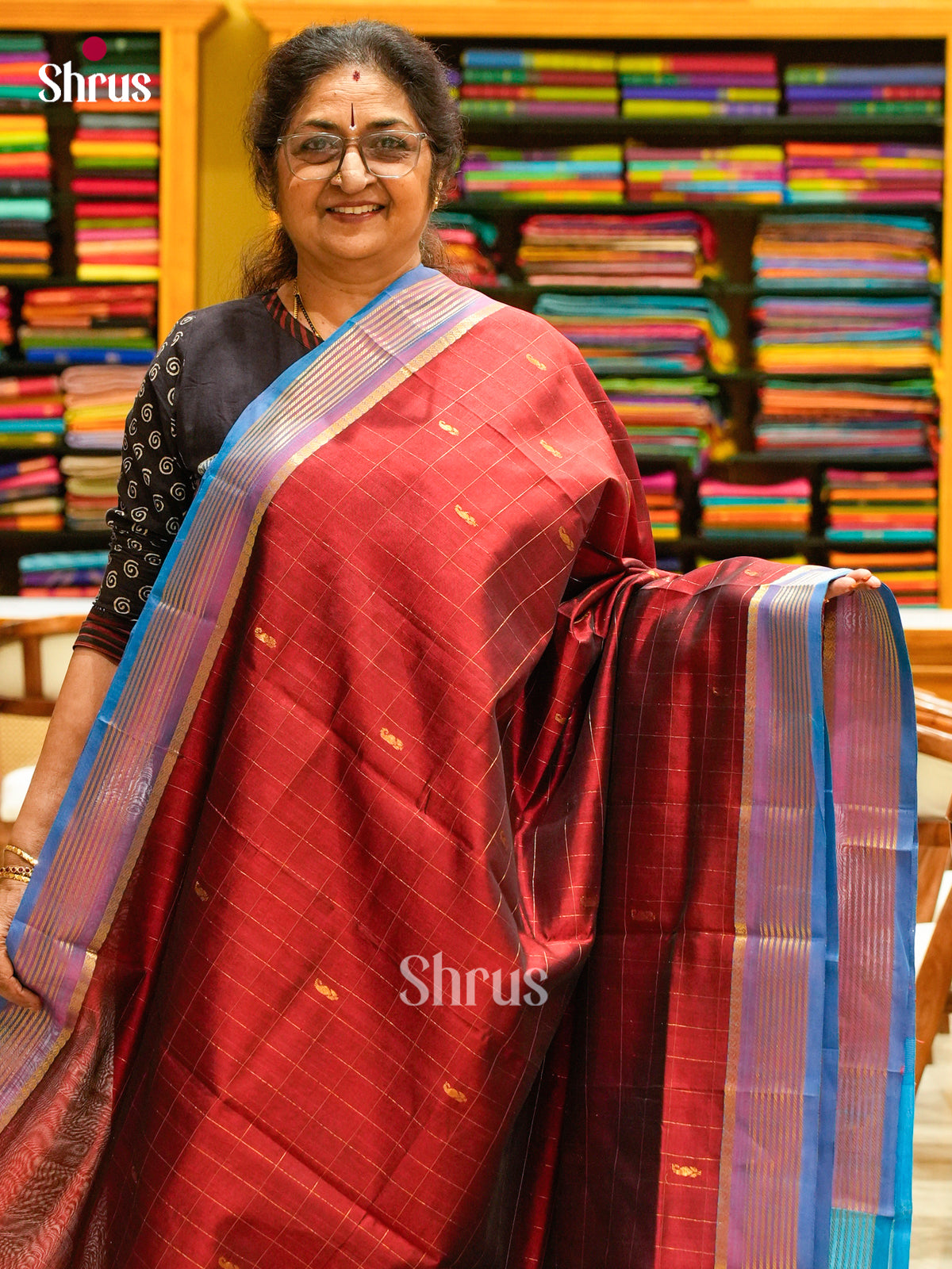 Maroon Silk Cotton Saree with Mango / Paisley Buttas | Sky Blue Contrast Border - Shop on Shrus.com