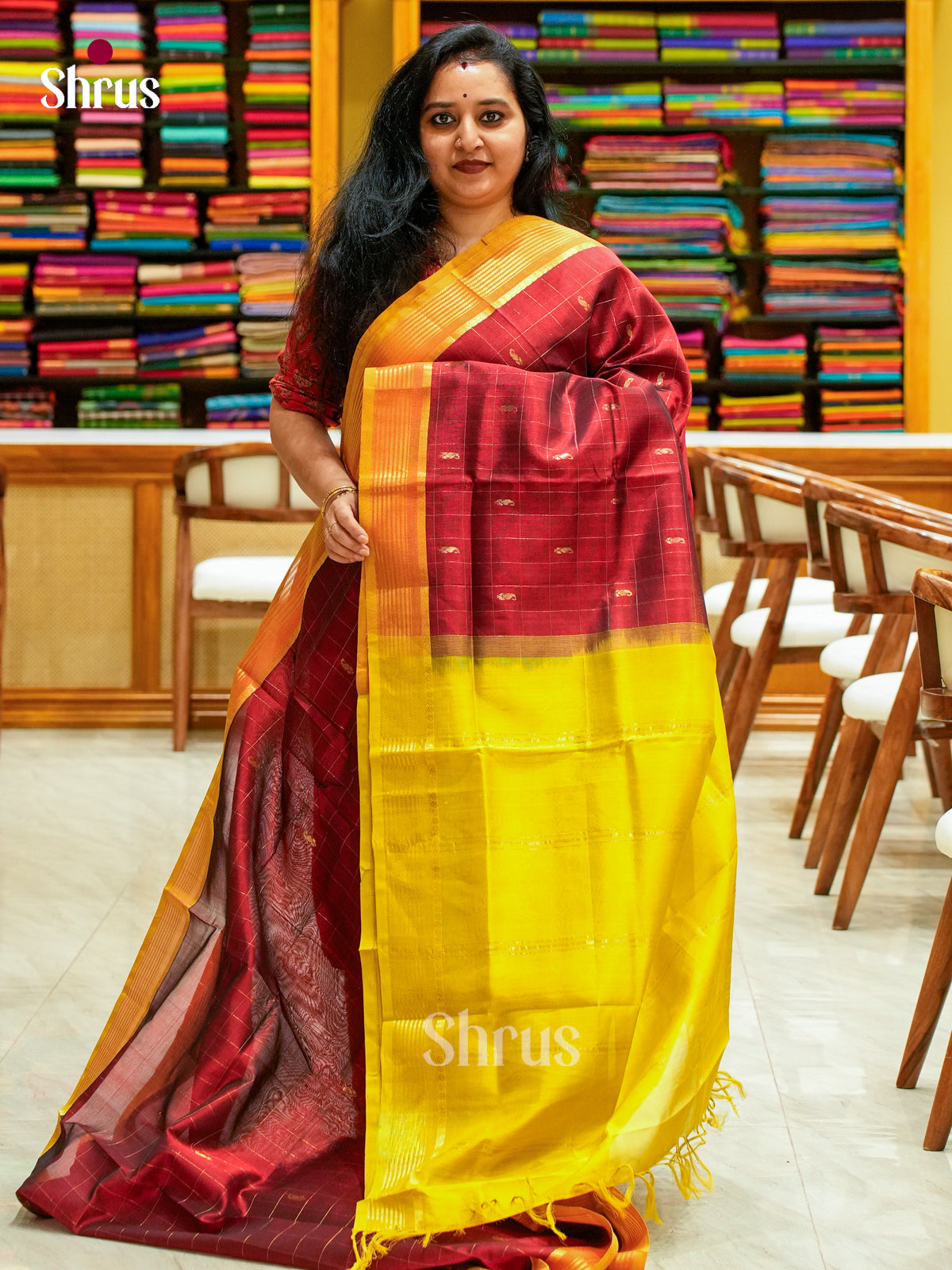 Maroon Silk Cotton Saree with Checks with Buttas and Mandala Buttas | Mustard Contrast Border - Shop on Shrus.com