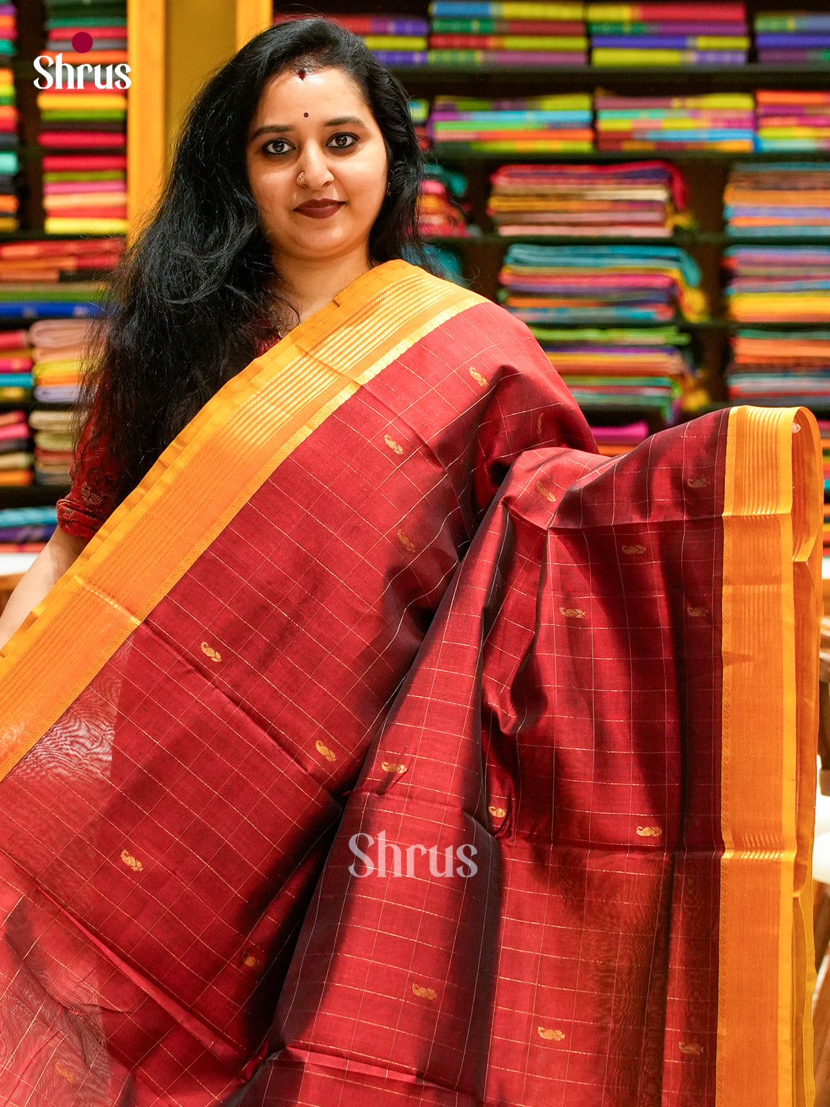 Maroon Silk Cotton Saree with Checks with Buttas and Mandala Buttas | Mustard Contrast Border - Shop on Shrus.com