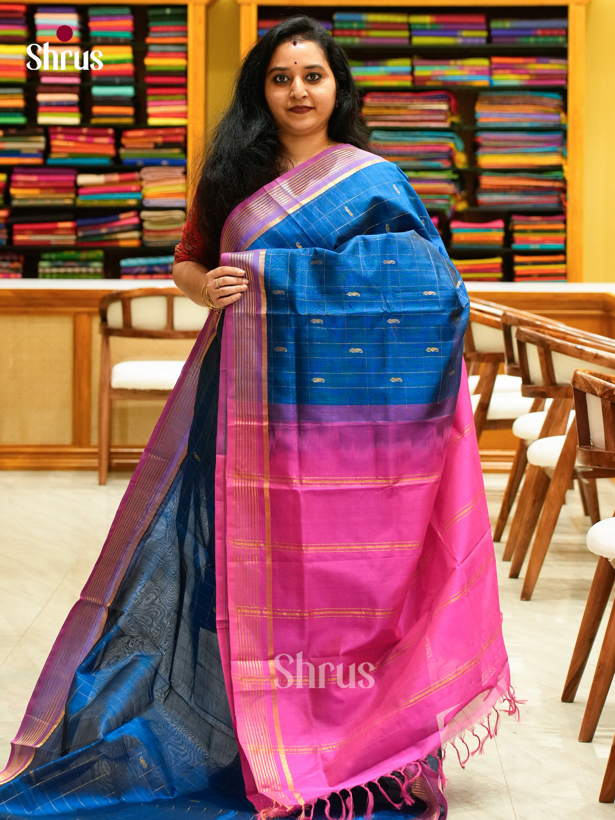 Teal Blue Silk Cotton Saree with Mango / Paisley Buttas | Pink Contrast Border