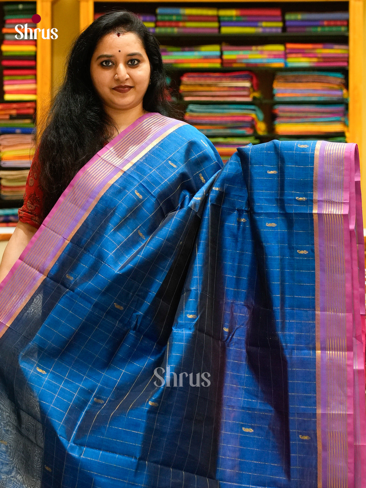 Teal Blue Silk Cotton Saree with Mango / Paisley Buttas | Pink Contrast Border