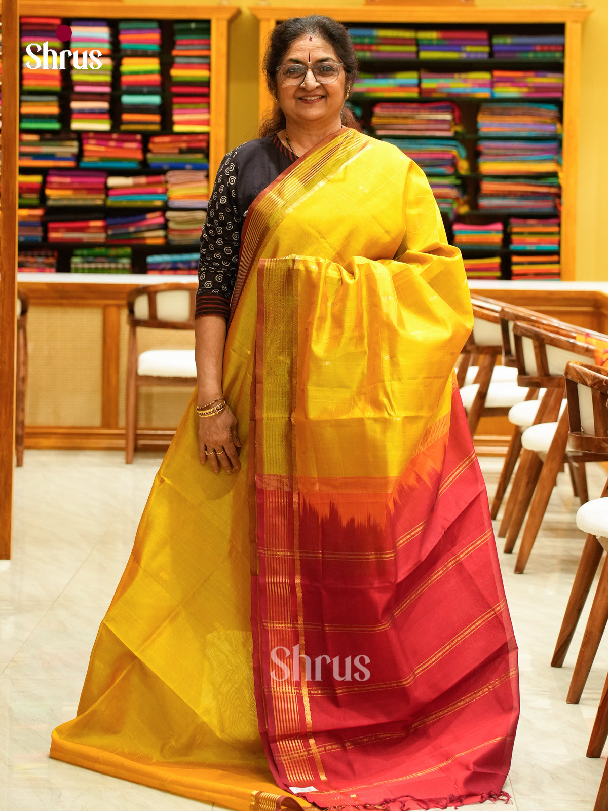 Yellow Silk Cotton Saree with Mango / Paisley Buttas | Red Contrast Border