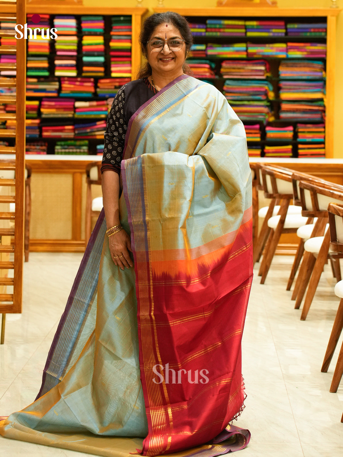 Grey Silk Cotton Saree with Checks with Buttas and Mango / Paisley Buttas | Maroon Contrast Border - Shop on Shrus.com