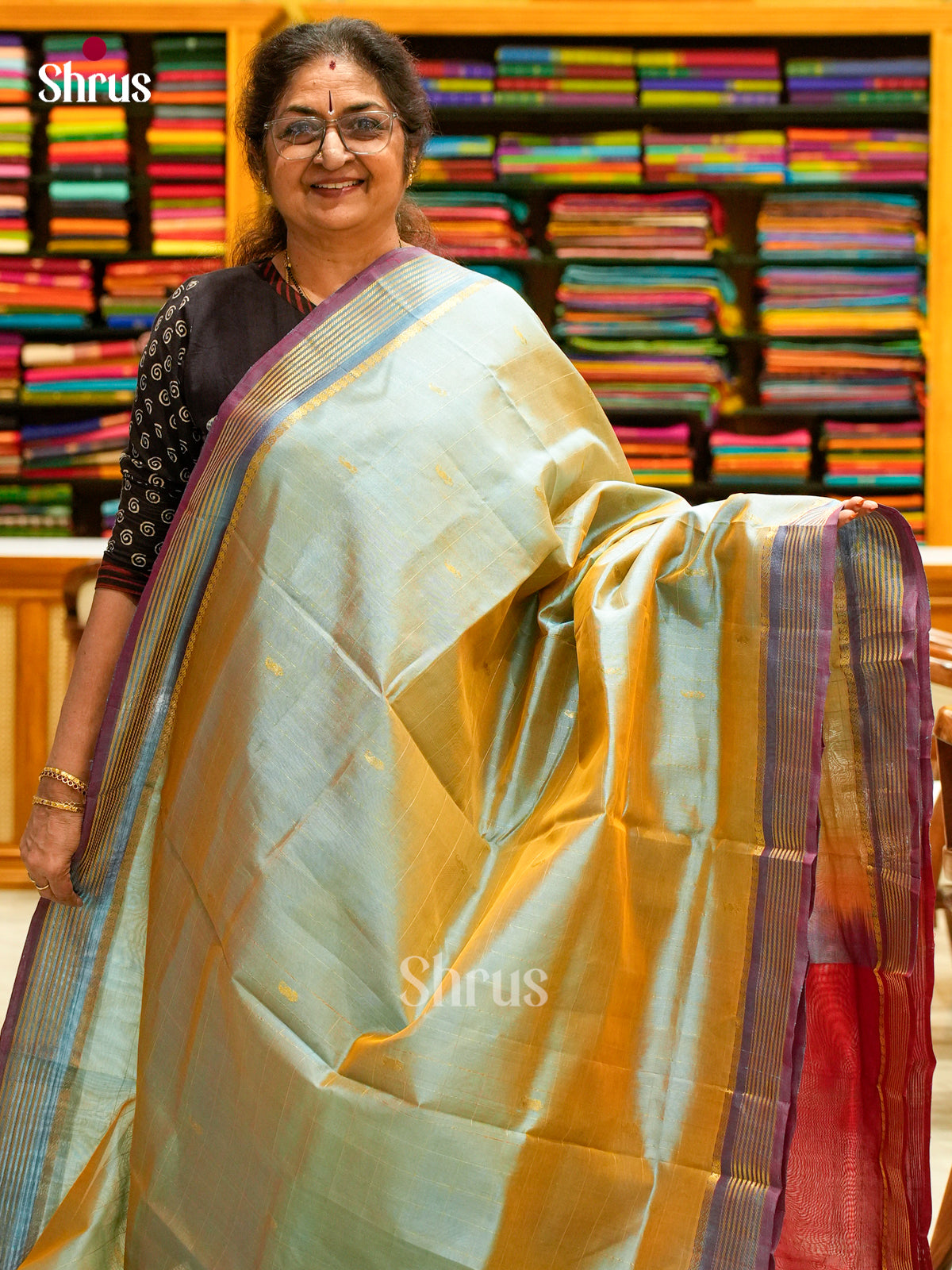 Grey Silk Cotton Saree with Checks with Buttas and Mango / Paisley Buttas | Maroon Contrast Border - Shop on Shrus.com